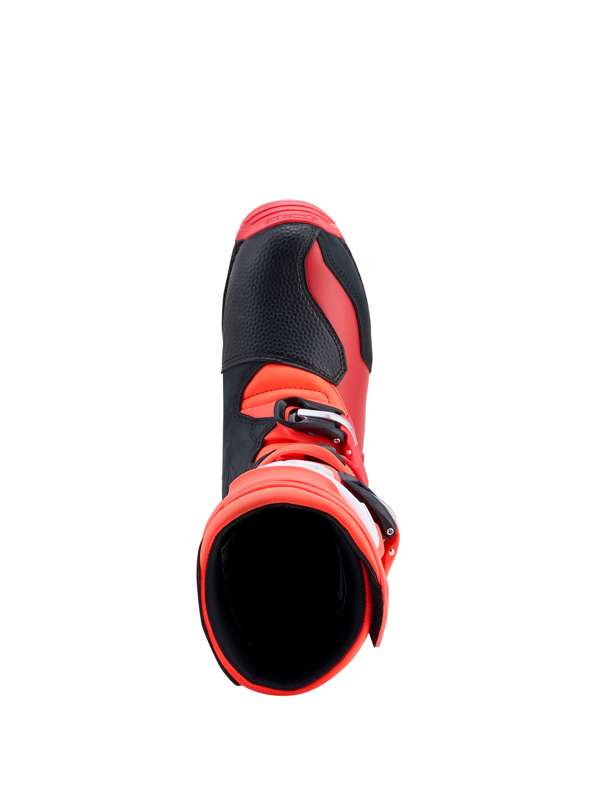 Alpinestars bottes Tech-T, bottes de moto trials pour homme, rouge fluo et noires, en cuir, vue de dessus