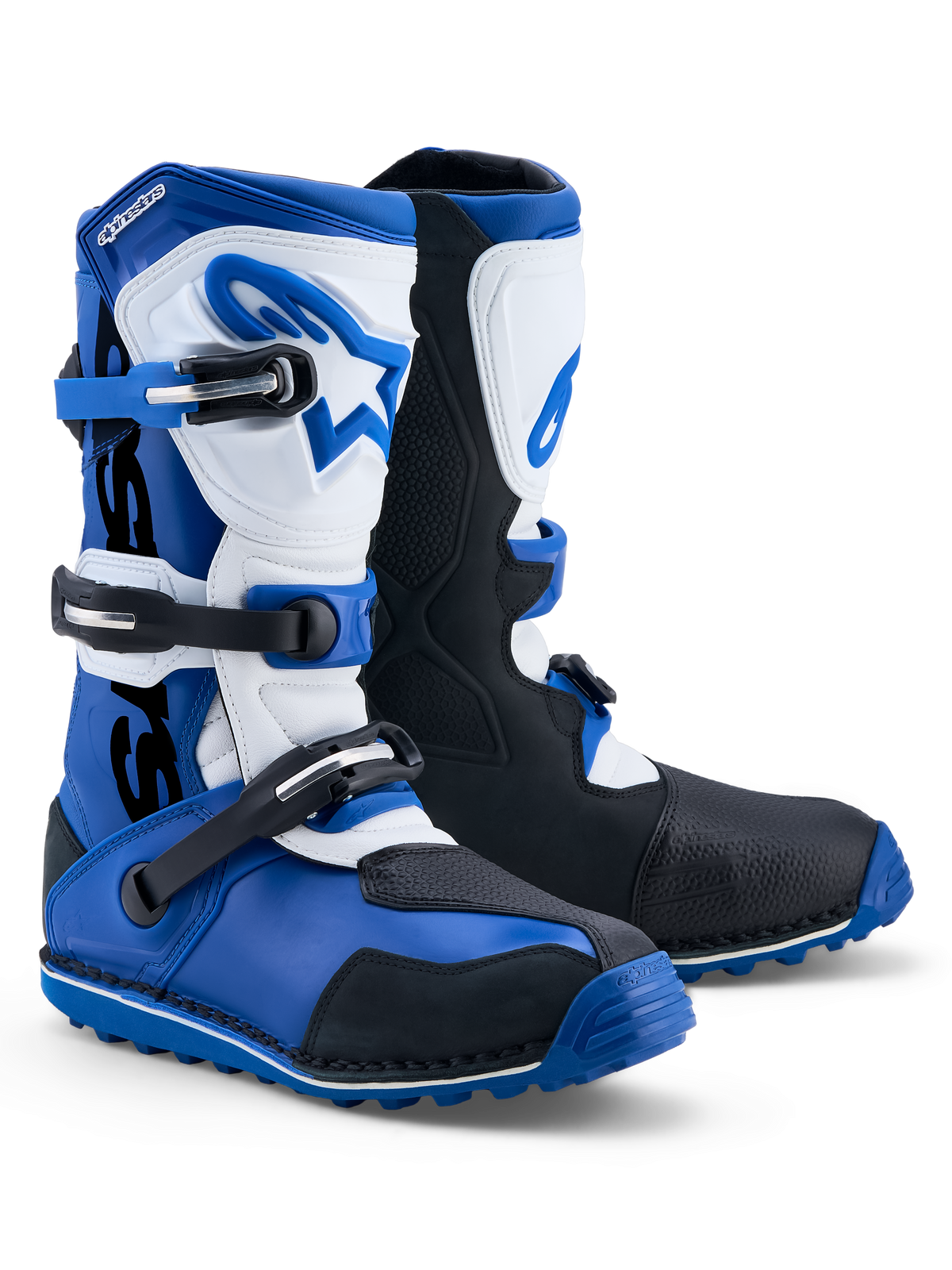 Bottes Alpinestars Tech-T, bottes de trial pour homme, bleues, noires et blanches, en cuir avec protections en TPU.