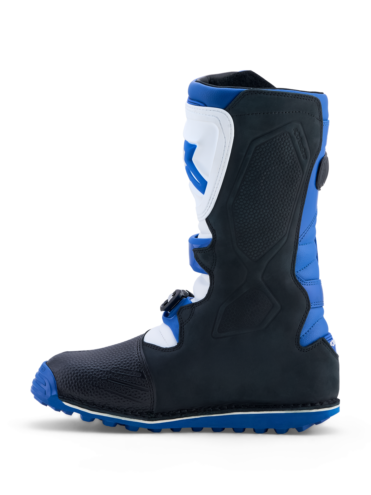 Bottes Alpinestars Tech-T, bottes de moto pour trial tout-terrain pour homme, bleu foncé, noires et blanches, dotées de plaques de protection tibia en TPU et de semelles adhérentes, certifiées CE