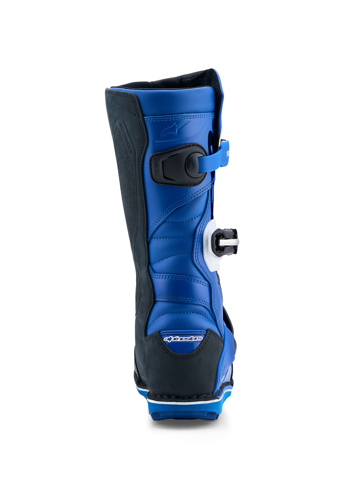 Alpinestars Tech-T, bottes de moto de trial pour homme, bleues et noires, construction en cuir avec zones d'extension en accordéon à l'arrière, certifiées CE, vue de dos montrant le talon et le mollet