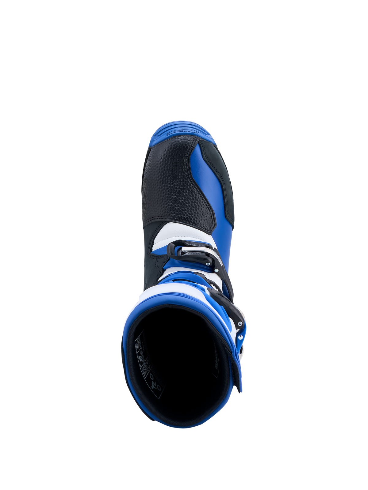 Bottes Alpinestars Tech-T, bottes de moto trial, bleues et noires, vue de dessus de l'ouverture et de la construction en cuir