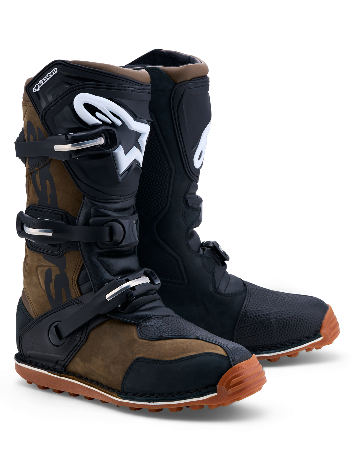 Alpinestars Tech-T, bottes de moto trial pour homme, marron et noir, construction en cuir pleine fleur avec plaque tibiale ergonomique en TPU, semelle en caoutchouc adhérente, certifiées CE