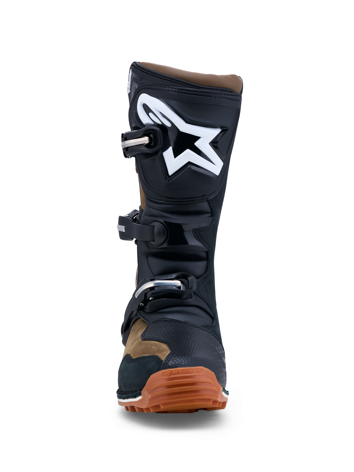 Alpinestars Tech-T, bottes de trial pour homme, marron et noires, en cuir avec plaque tibiale blanche et semelle gomme, certifiées CE