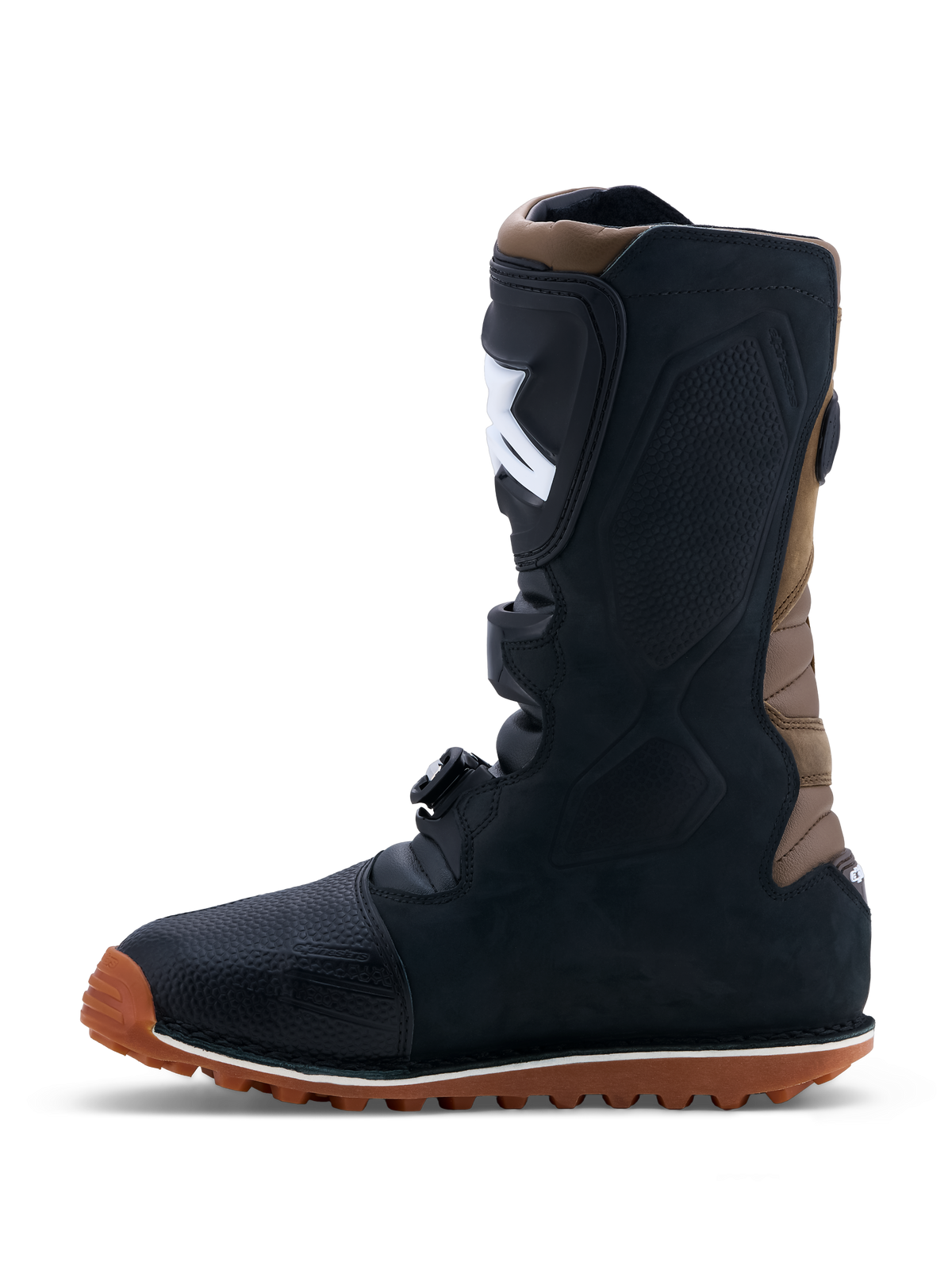 Alpinestars Tech-T, bottes de moto trial pour homme, noires et marron, en cuir pleine fleur avec semelle en caoutchouc à haute adhérence, boucles de fermeture et plaque tibiale ergonomique, certifiées CE