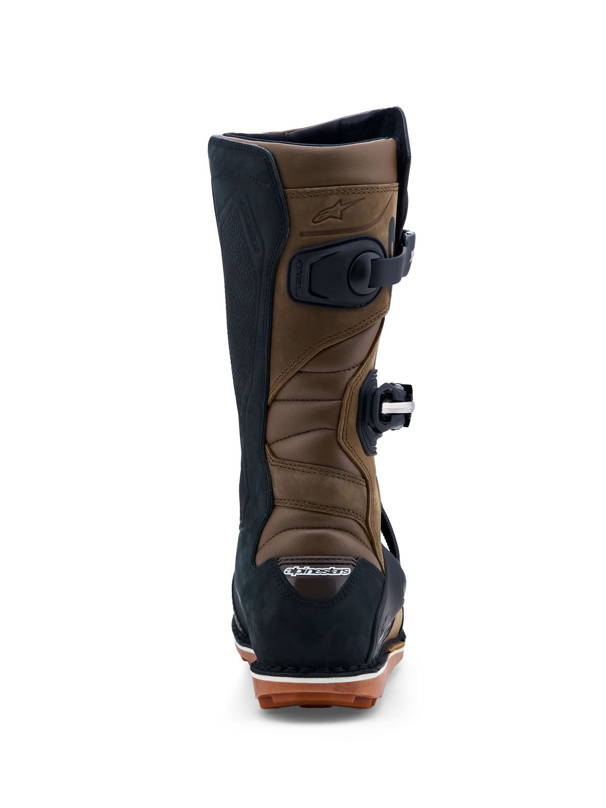 Alpinestars Tech-T, bottes de trial pour homme, marron et noires, vue arrière avec zones de flexion en accordéon, semelle en gomme et construction en cuir, certifiées CE