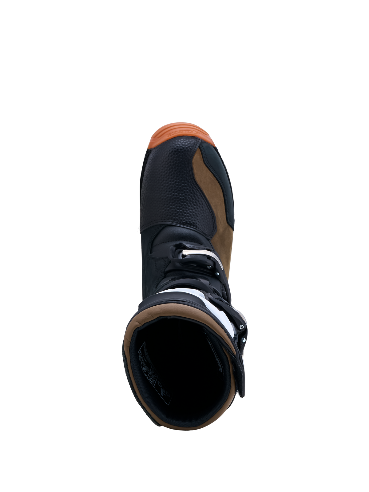 Alpinestars Tech-T, bottes de moto trial pour homme, marron et noires, construction en cuir pleine fleur, vue de dessus montrant le système de fermeture à boucles et l'intérieur de la botte, certifiées CE