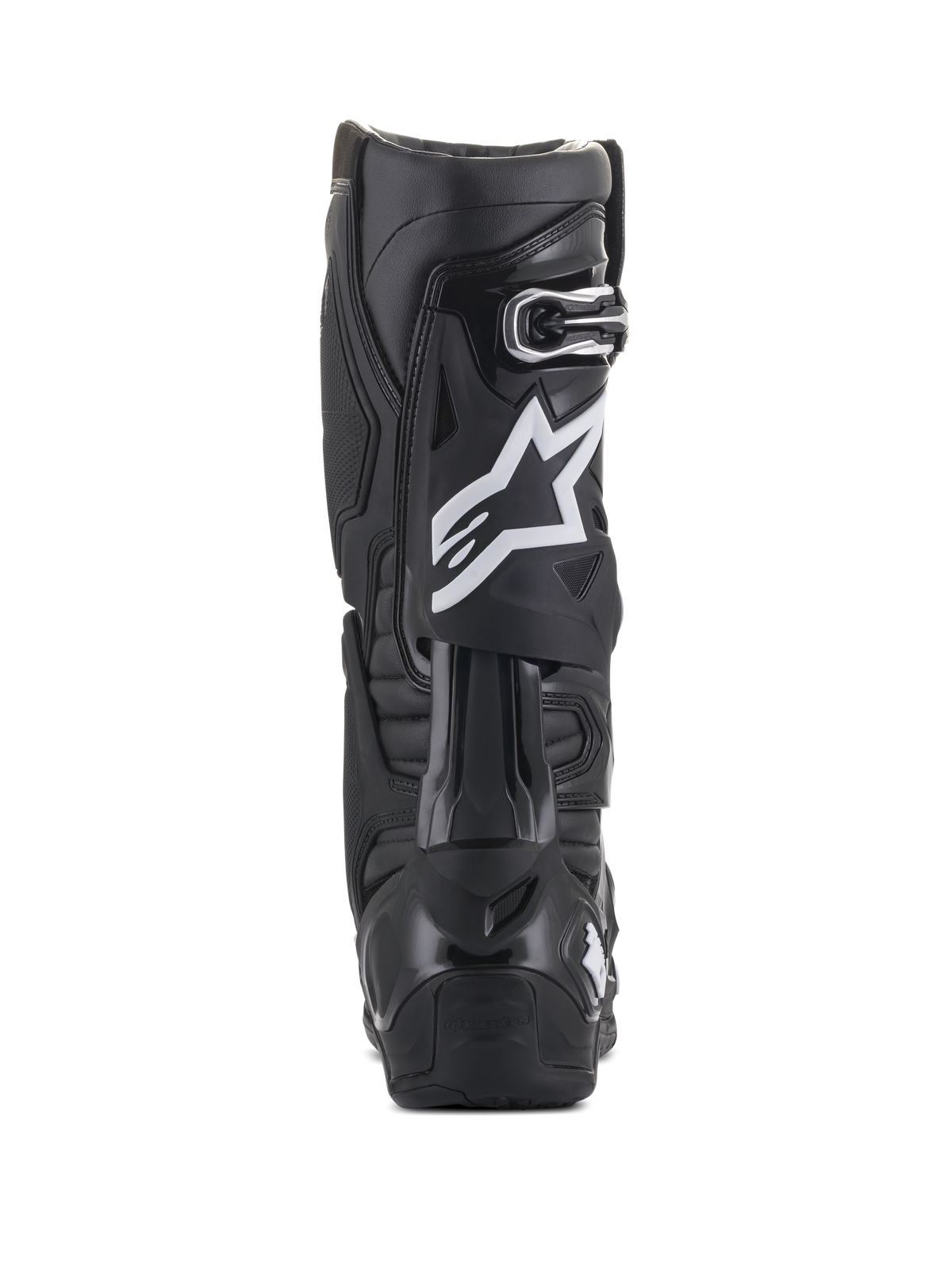 Alpinestars Tech 10 Boots, Black, Rear view featuring white star logo on the calf, durable TPU shell and microfiber construction, designed for high-performance motocross and off-road riding
