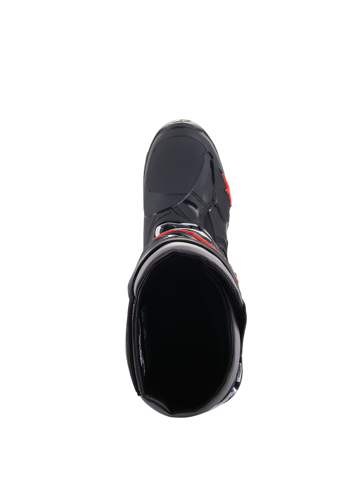 Bottes Alpinestars Tech 10, bottes de motocross, noir et rouge fluo, vue de dessus montrant l'ouverture de la botte, avec coque noire profilée, accents rouges et zone texturée sur le bout du pied