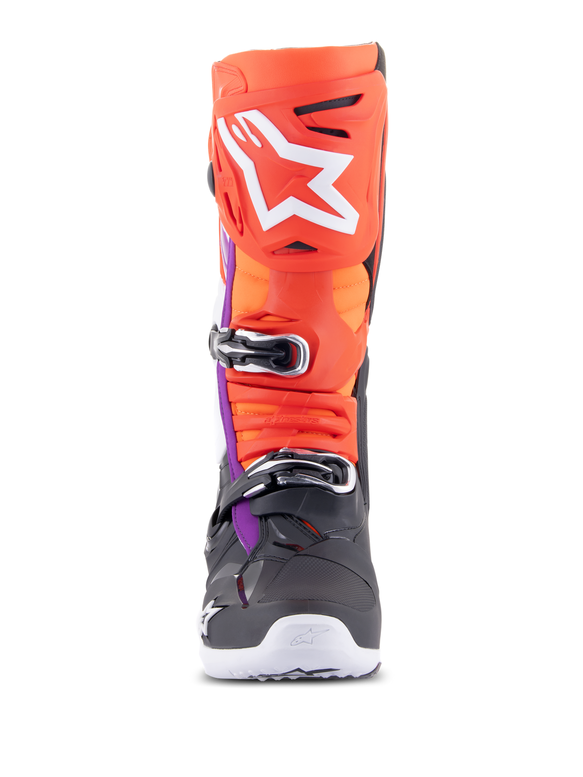 Bottes Alpinestars Tech 10, bottes de motocross, noir, rouge fluo, orange fluo et blanc avec accents violets, vue de face montrant le système de fermeture à boucles multiples et le large logo blanc sur le protège-tibia