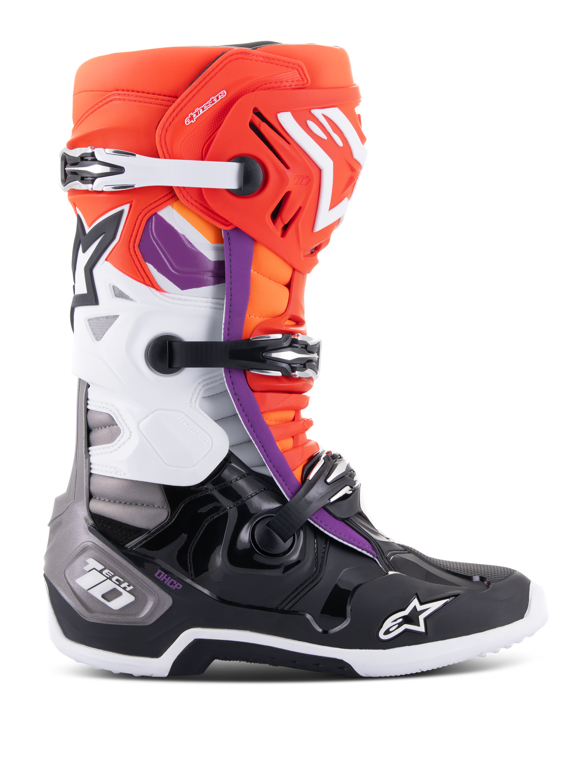Bottes Alpinestars Tech 10, bottes de motocross, noir, orange fluo, blanc et accents violets, dotées d'un système de fermeture à triple boucle, logos étoile sur le tibia et la pointe, et protection de talon DHCP, vue de profil de chaussures de course tout-terrain.