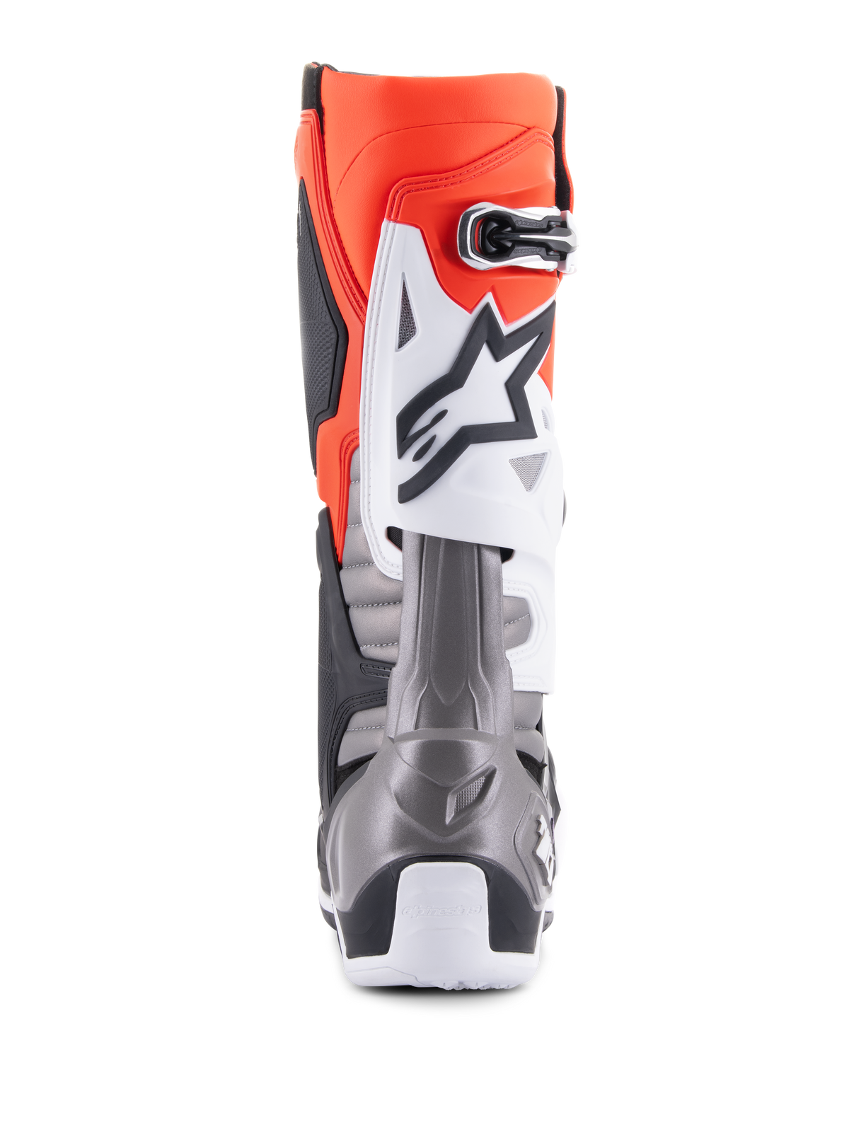 Bottes Alpinestars Tech 10, bottes de motocross, noir, rouge fluo, orange fluo et blanc, vue arrière présentant une tige orange vif, une plaque de protection blanche avec logo noir et une section de talon gris métallisé pour la performance en course tout-terrain