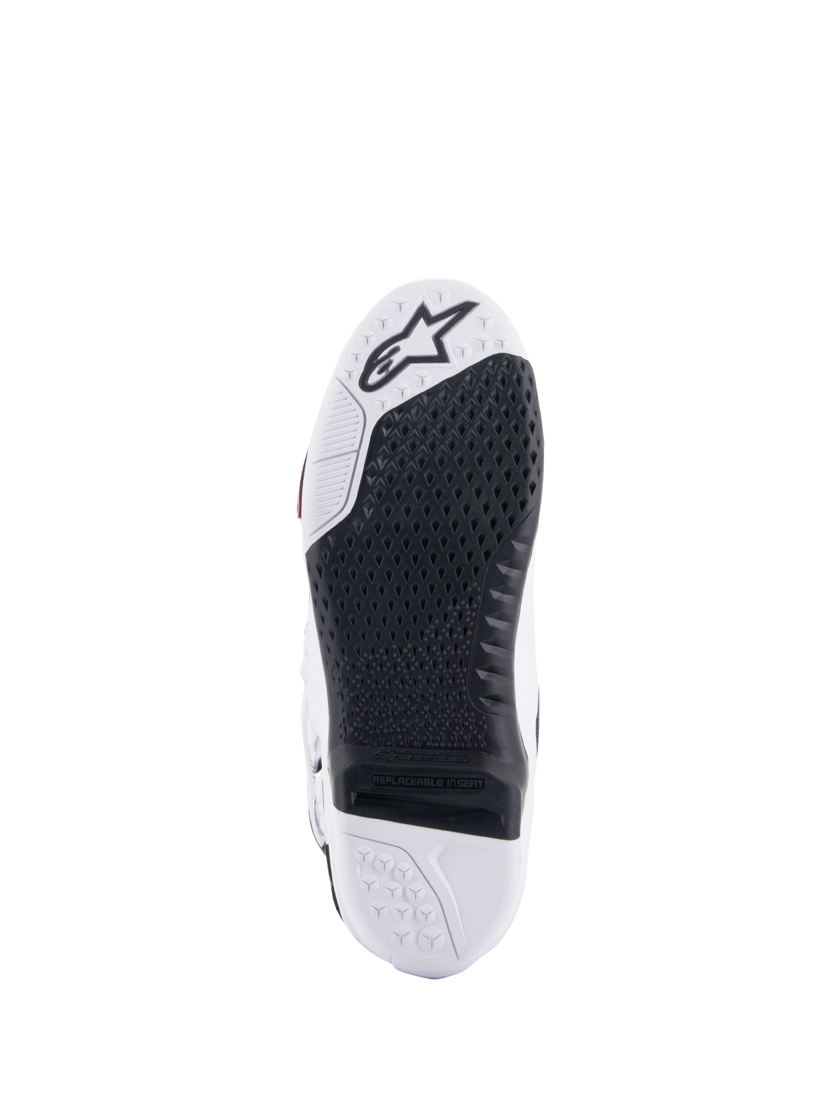 Bottes Alpinestars Tech 10, bottes de motocross, vue de dessous montrant l'insert central remplaçable noir et la semelle blanche, motif d'adhérence texturé, logo Alpinestars sur l'avant, chaussures tout-terrain durables
