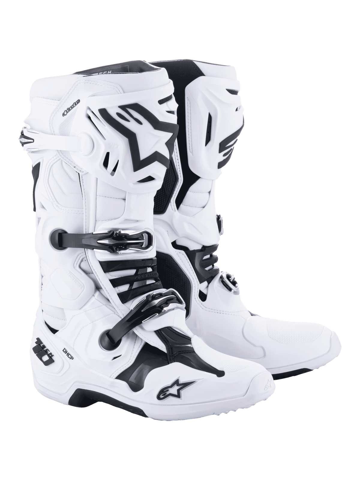 Bottes de motocross Alpinestars Tech 10, blanches avec accents noirs, design robuste à tige haute avec système de fermeture à trois boucles, protection par coque en TPU et contrôle de flexion avancé, chaussures de course professionnelles pour le tout-terrain