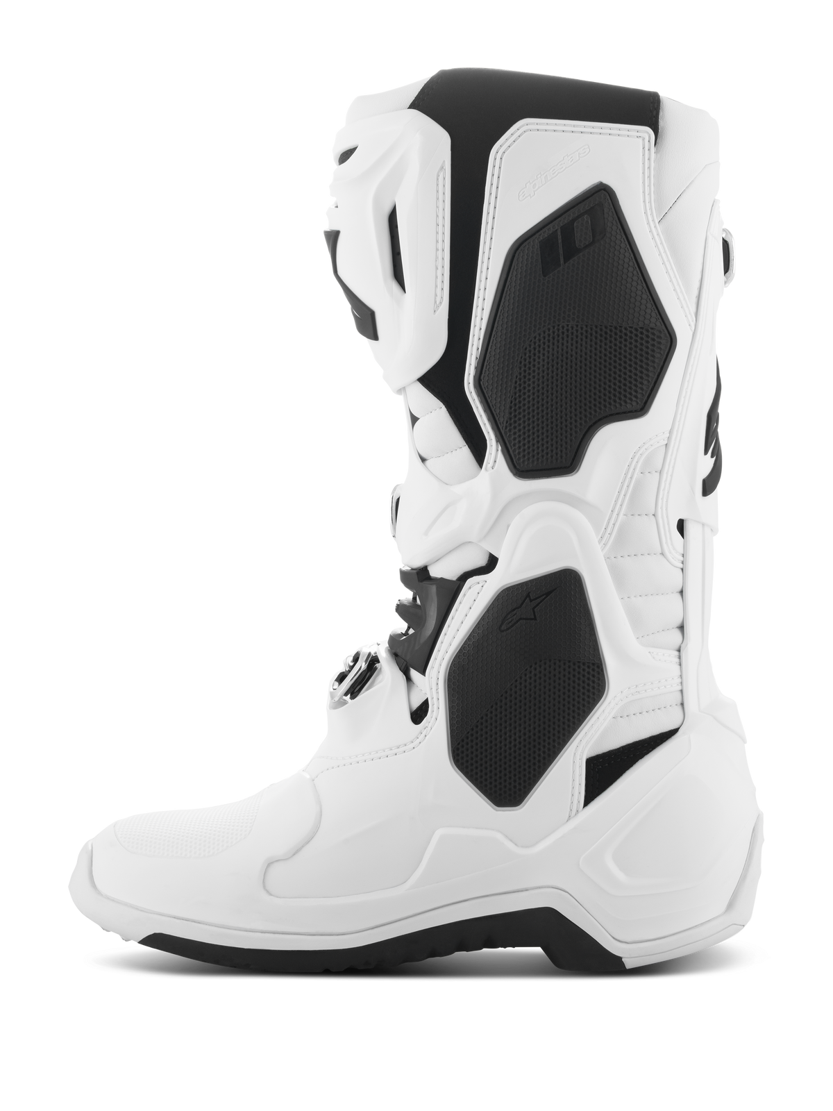 Bottes Alpinestars Tech 10, bottes de motocross, blanches avec accents noirs, vue de profil montrant les coques de protection en TPU, le système de fermeture à boucles et un design épuré haute performance pour la course tout-terrain.