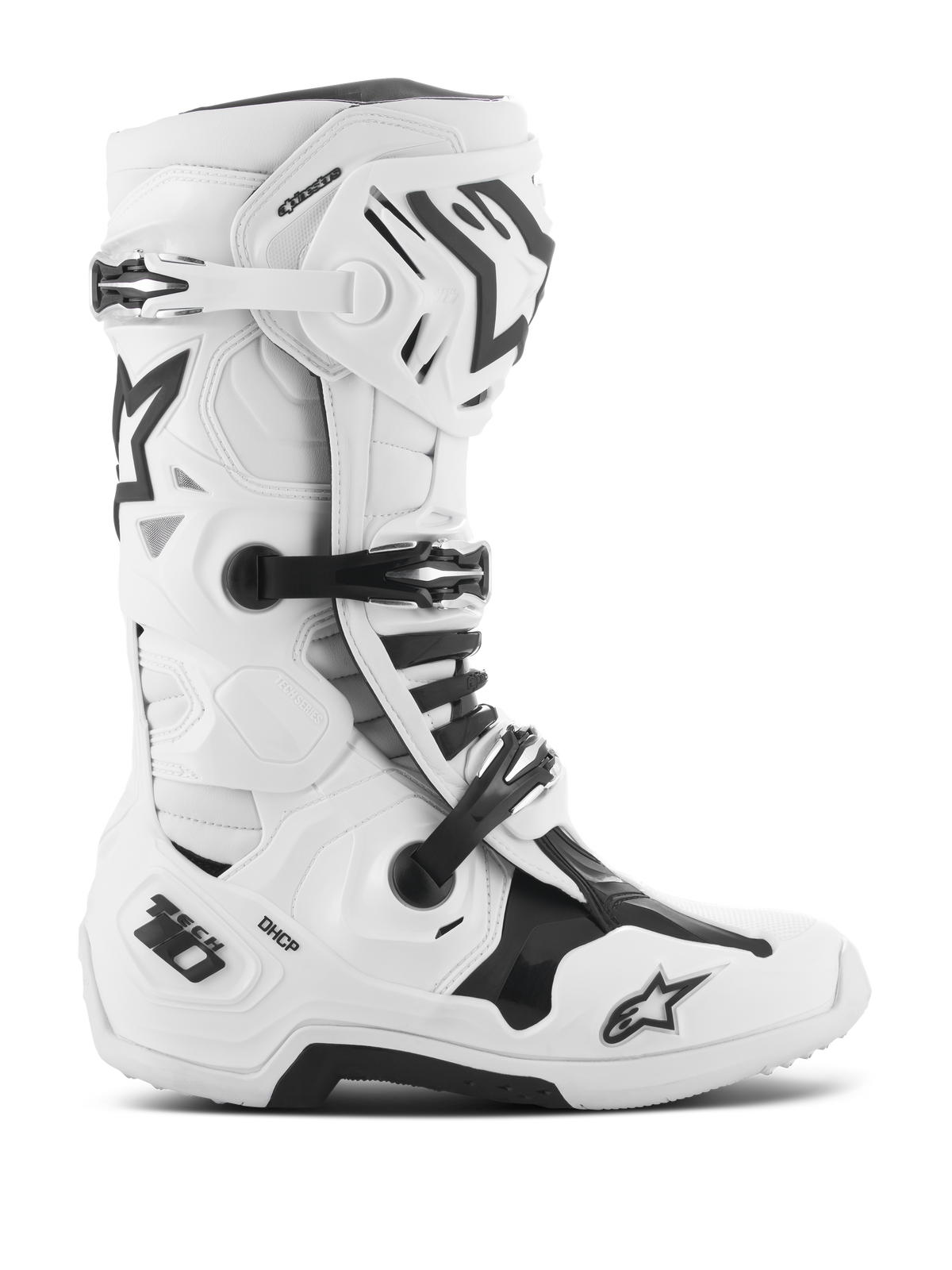 Bottes Alpinestars Tech 10, bottes de motocross, blanc et noir, système de fermeture à trois boucles, coque en TPU renforcée avec logos « Tech 10 » et « DHCP », semelle épaisse et robuste, chaussures de protection certifiées CE pour la course tout-terrain