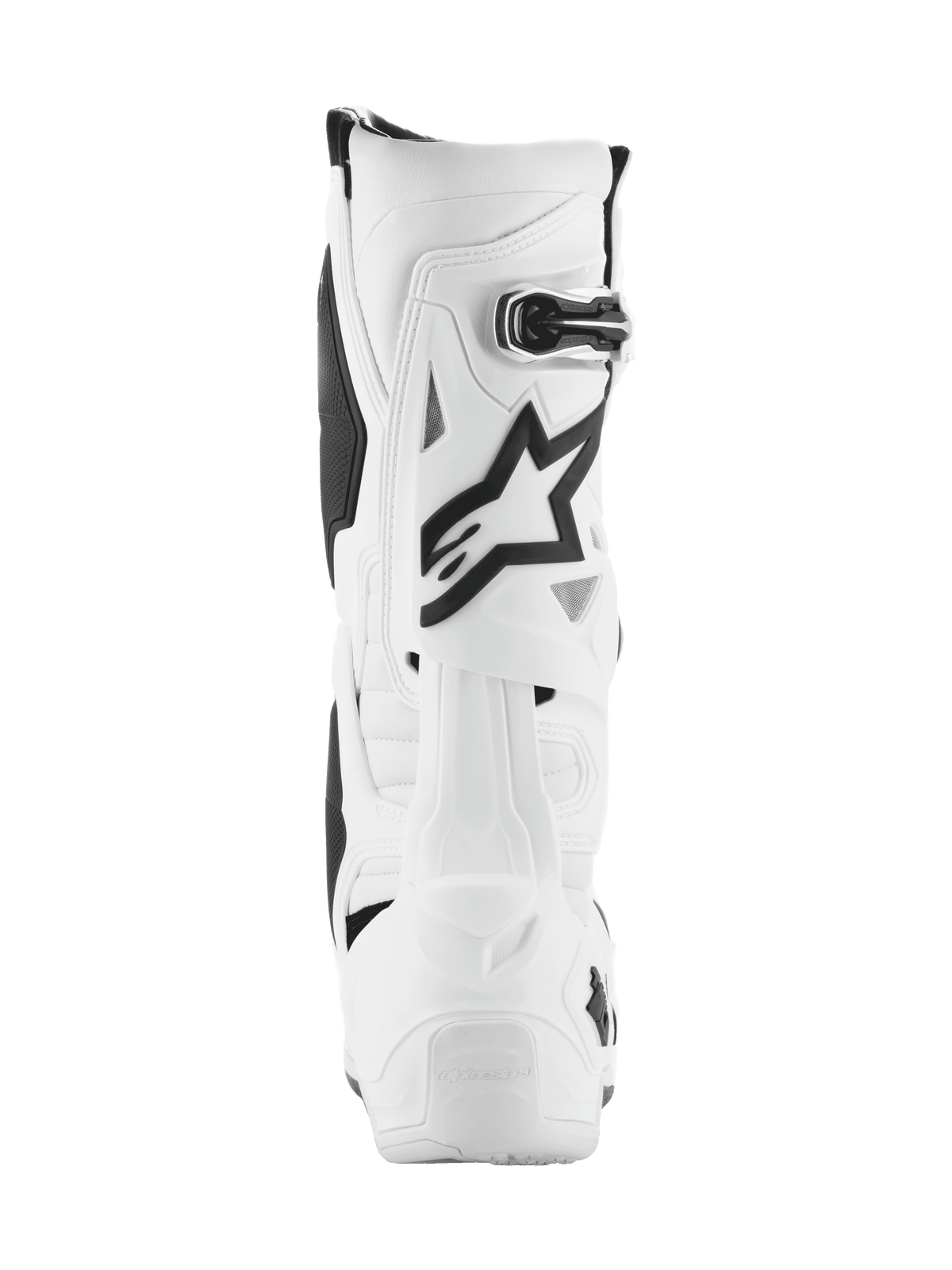 Bottes Alpinestars Tech 10, bottes de motocross, blanches avec détails noirs, vue arrière présentant le logo Astar noir et la fermeture à boucle, design de protection avancé pour la course tout-terrain