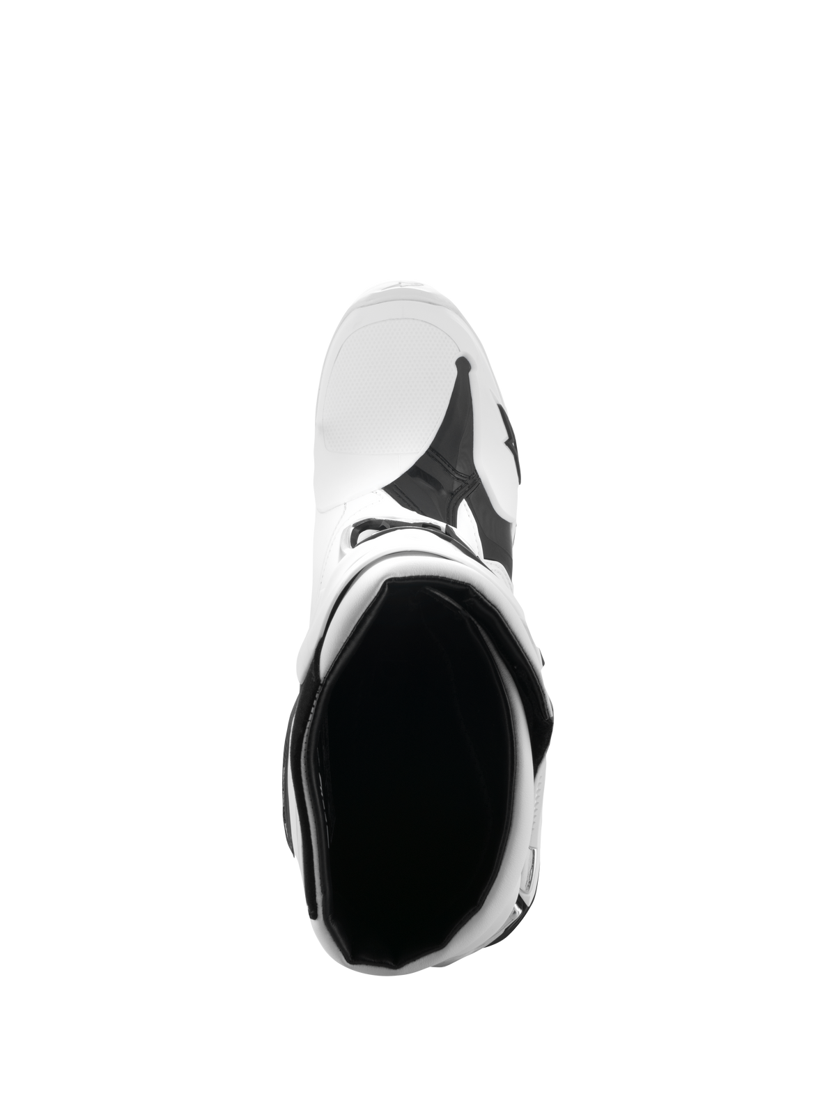 Bottes Alpinestars Tech 10, bottes de motocross, blanc et noir, vue de dessus de l'intérieur de la botte, mettant en évidence l'ouverture rembourrée et la semelle intérieure, chaussures de course tout-terrain professionnelles
