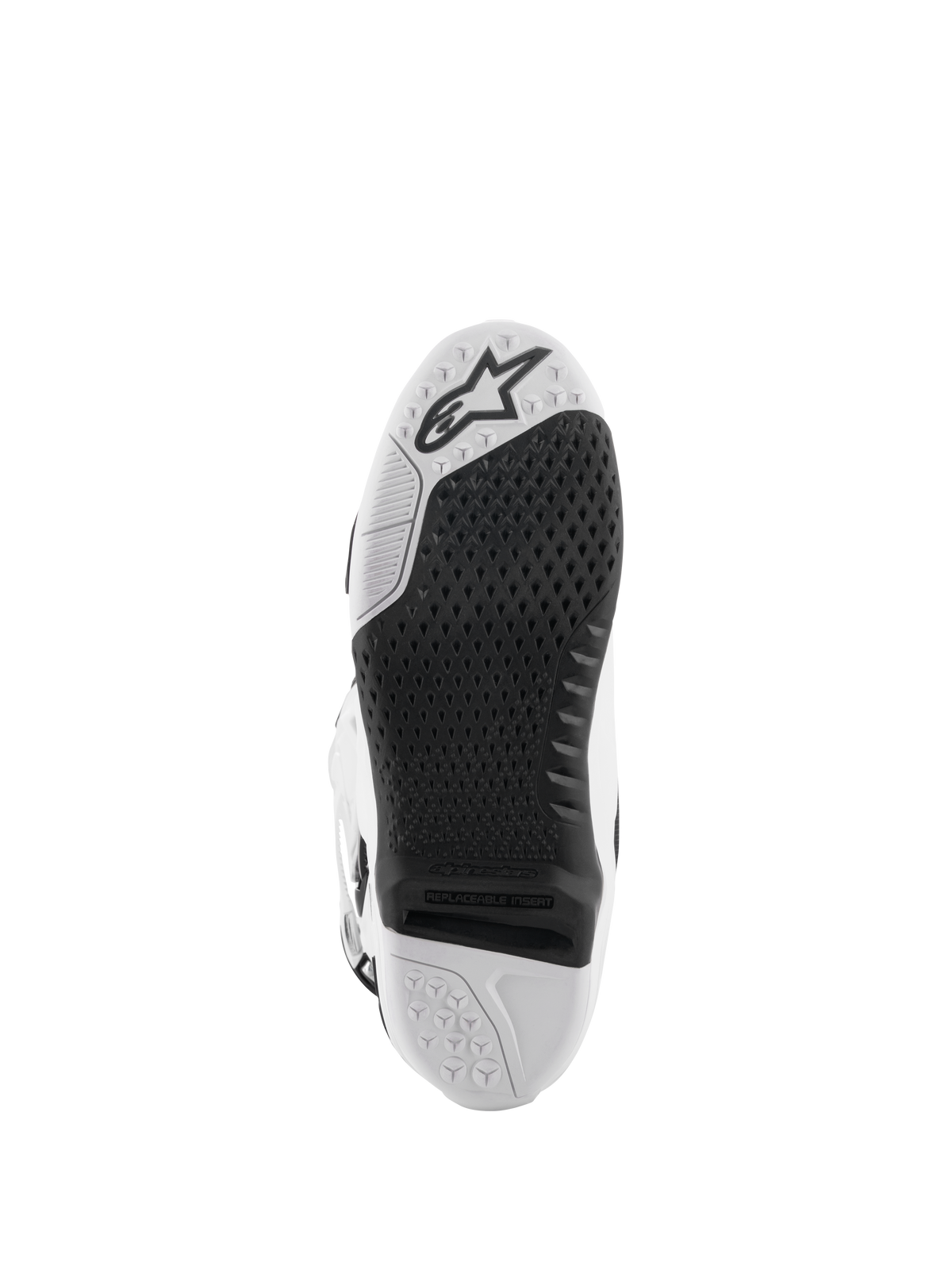 Bottes Alpinestars Tech 10, bottes de motocross, blanc et noir, vue de dessous de la semelle avec motif d'adhérence texturé, logo Alpinestars et insert central remplaçable pour la course tout-terrain