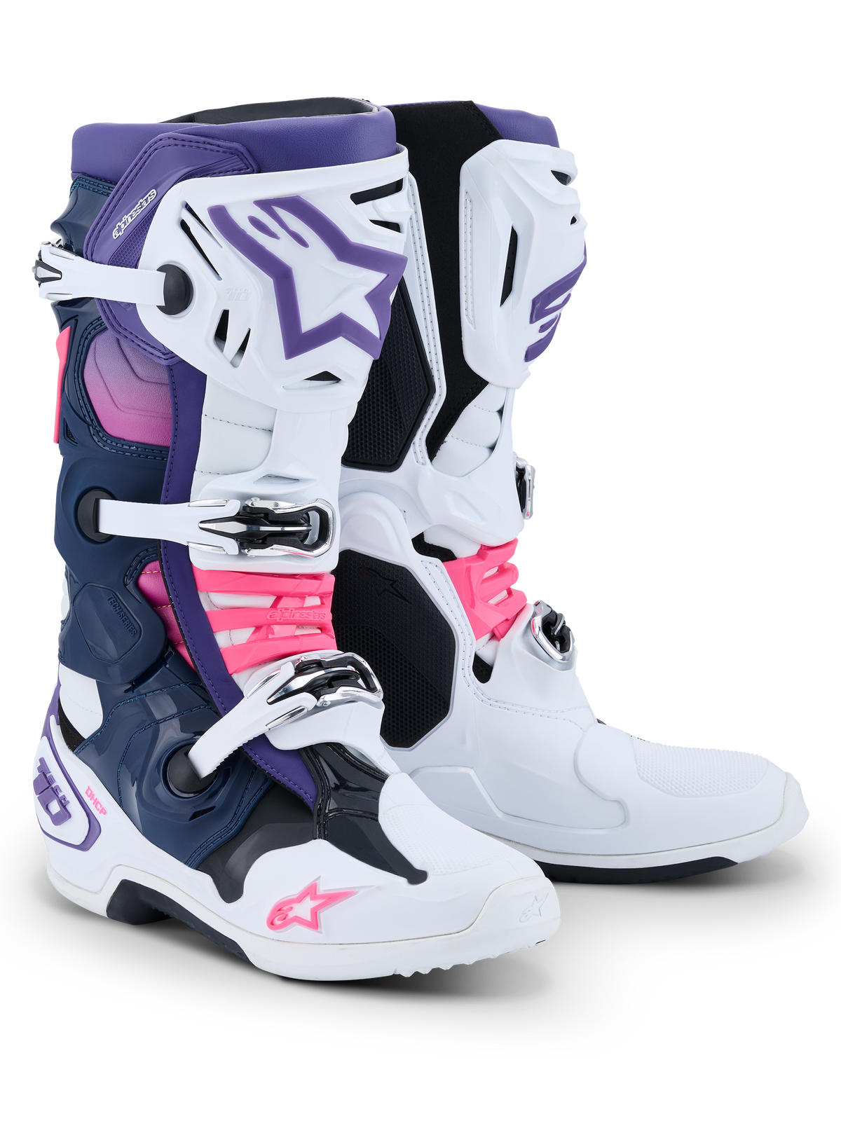 Alpinestars Tech 10 Boots, Motocross Boots, White Violet Navy Blue and Pink Fluo, featuring a triple-buckle closure system, navy and purple panels, and bright pink accents on the straps and logos, professional-grade off-road racing footwear.