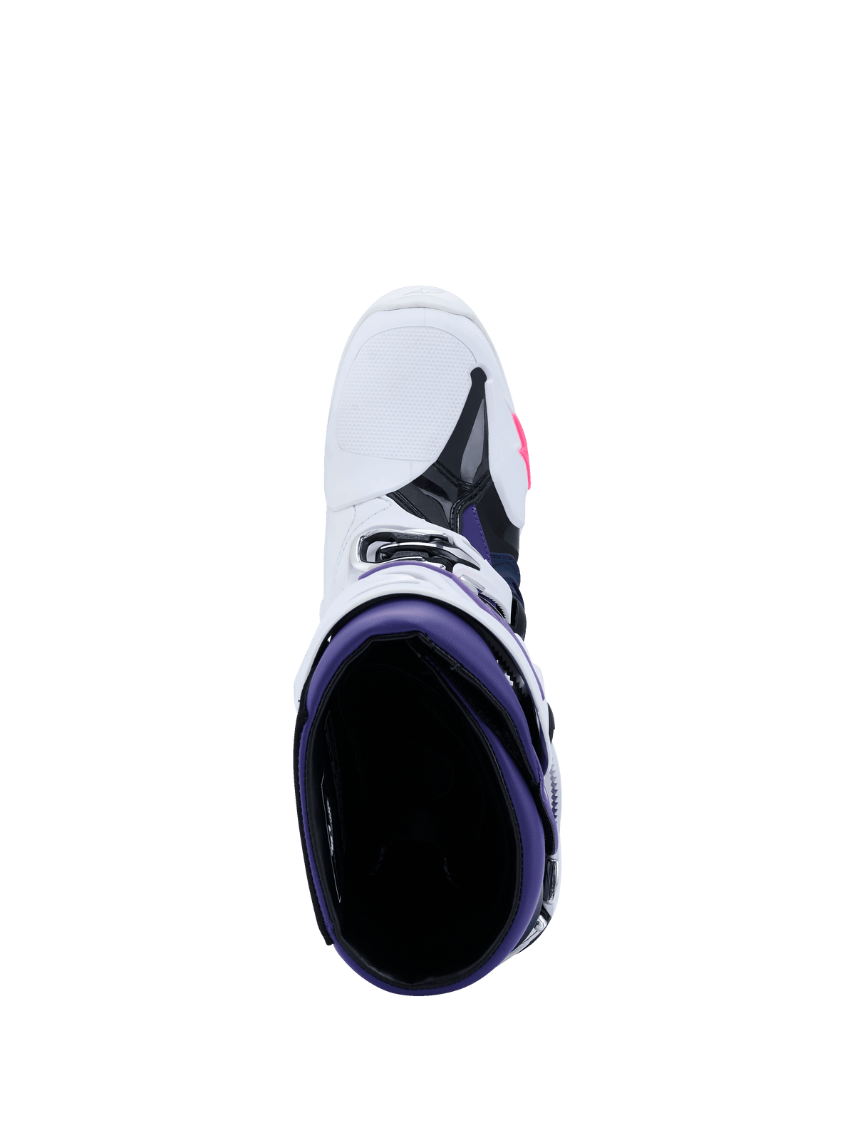 Alpinestars Tech 10 Boots, Motocross Boots, White Violet Navy Blue and Pink Fluo, top-down view looking into the purple interior, white exterior with black and pink accents, professional-grade off-road racing footwear