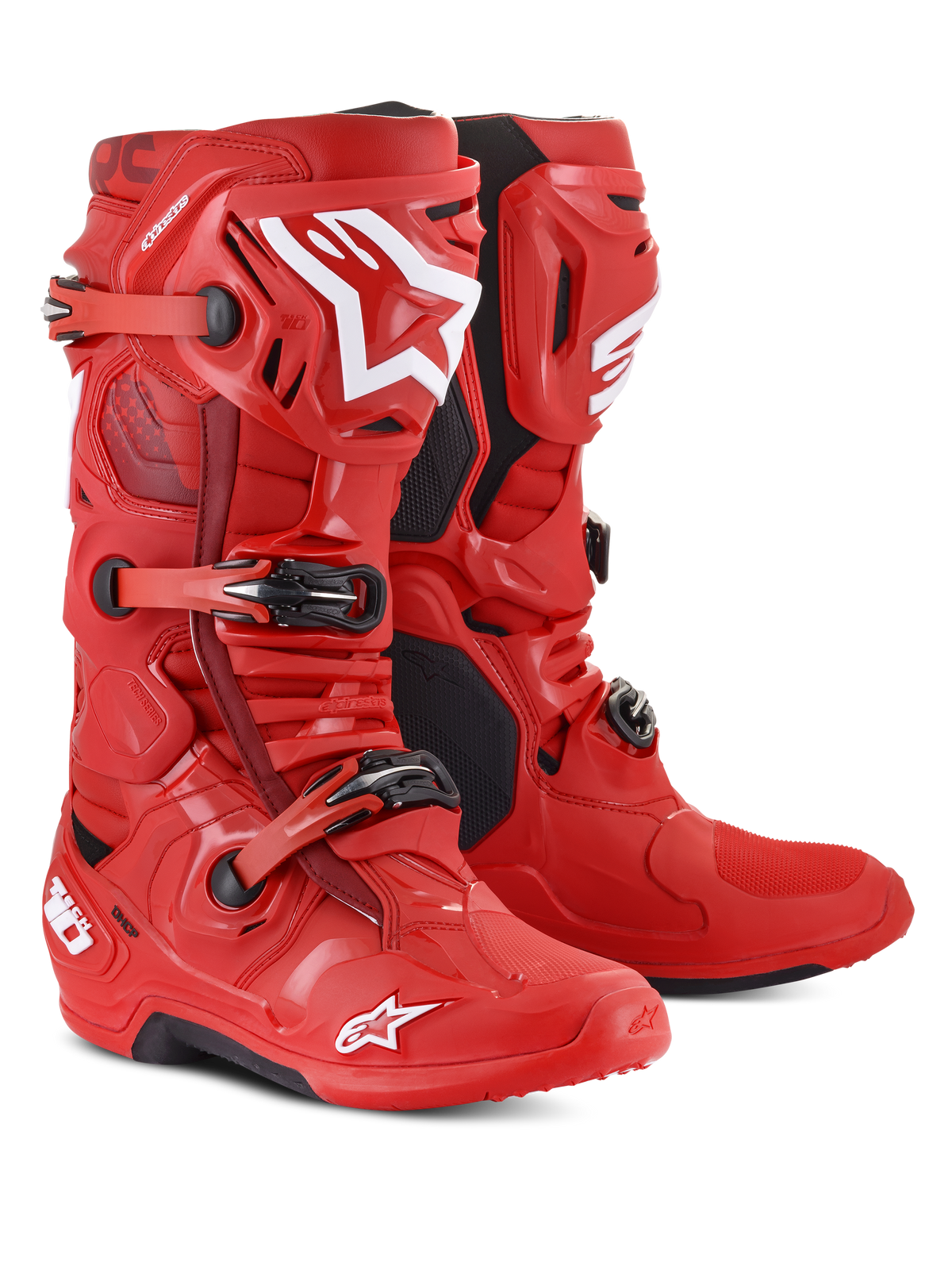 Bottes Alpinestars Tech 10, bottes de motocross, rouges avec logos blancs, dotées d'un système de fermeture à trois boucles et de semelles noires, chaussures de course tout-terrain durables