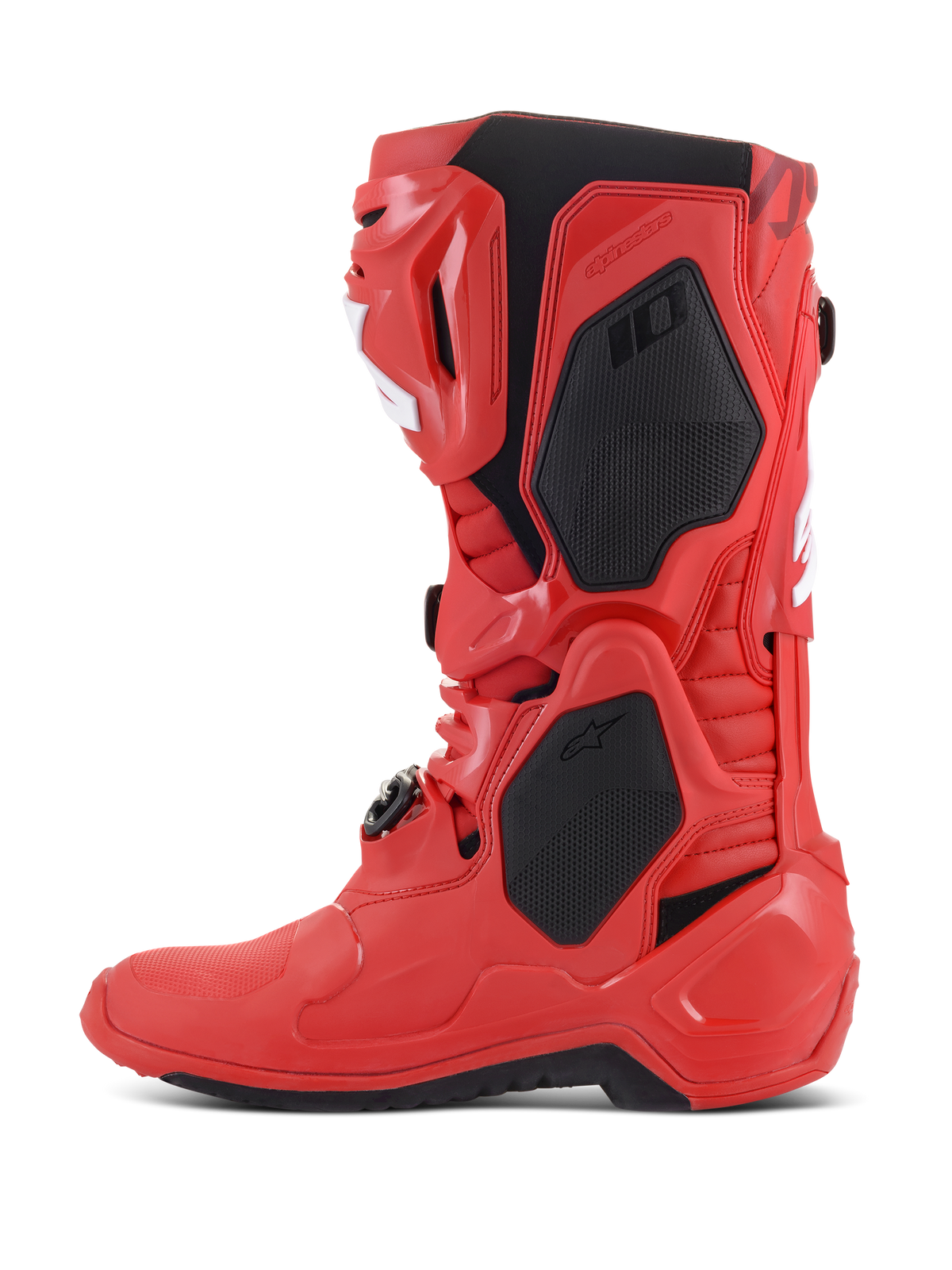 Bottes Alpinestars Tech 10, bottes de motocross, rouge vif, profil latéral doté de panneaux de protection noirs et d'accents blancs, chaussures de course tout-terrain professionnelles avec coque en TPU et système de boucles