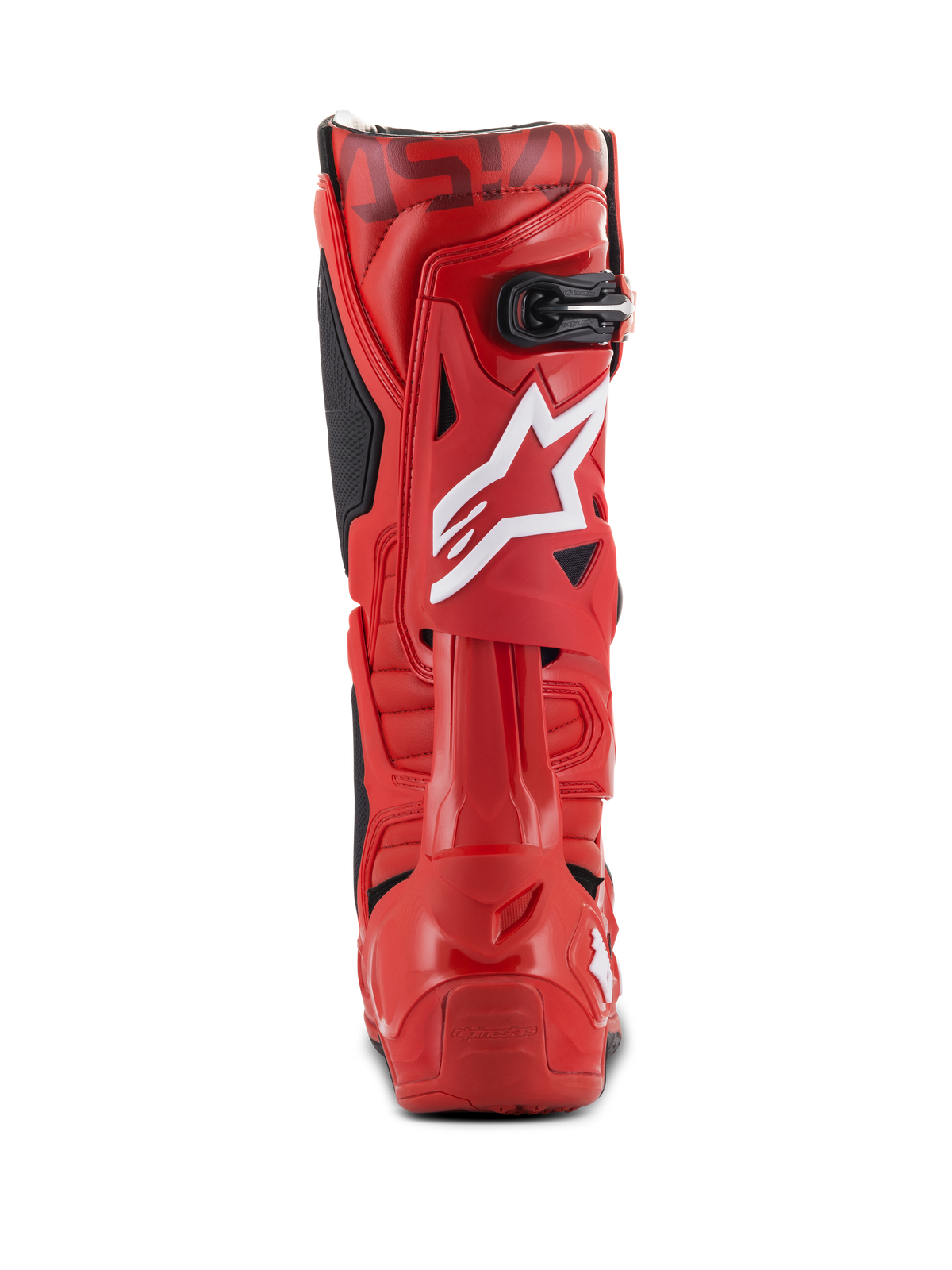 Bottes Alpinestars Tech 10, bottes de motocross, rouge, vue arrière présentant un logo étoile blanc sur le mollet, une boucle noire sur la partie supérieure et une coque en TPU rouge durable pour des performances tout-terrain