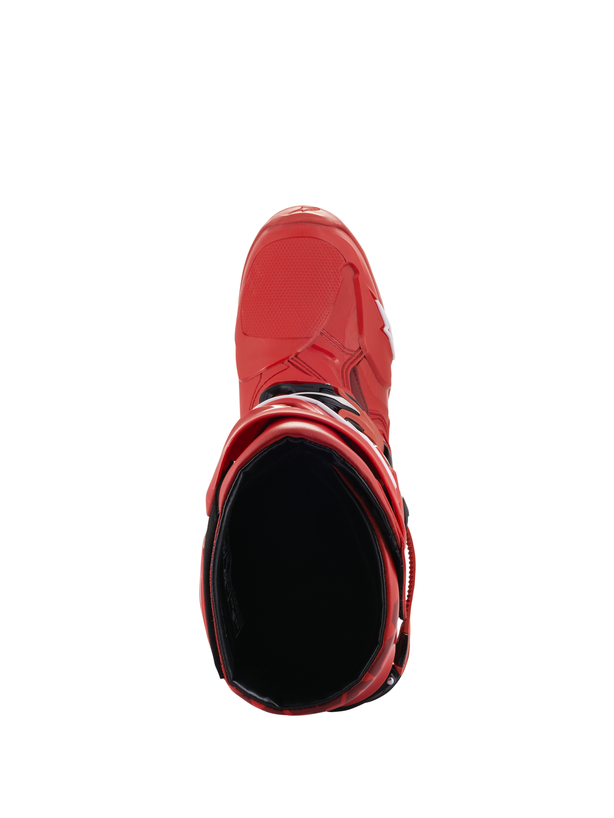 Bottes Alpinestars Tech 10, rouges, vue de dessus de l'intérieur de la botte, bottes de motocross, avec doublure noire et coque en TPU rouge, chaussures tout-terrain de performance professionnelle