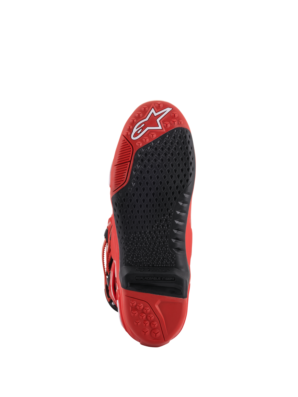 Bottes Alpinestars Tech 10, rouges, vue de la semelle, avec insert central noir remplaçable à texture micro-grip, logo Alpinestars blanc sur la pointe, construction en caoutchouc durable pour le motocross
