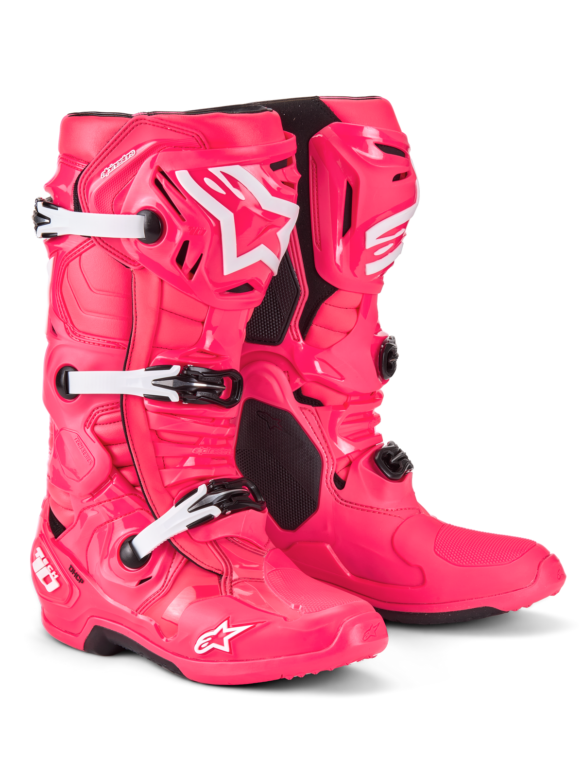 Alpinestars Tech 10 Boots, Motocross Boots, Diva Pink and White, featuring a lightweight composite construction with a triple buckle system, TPU protective shell, and iconic star logo on the shin and toe, professional off-road racing footwear.