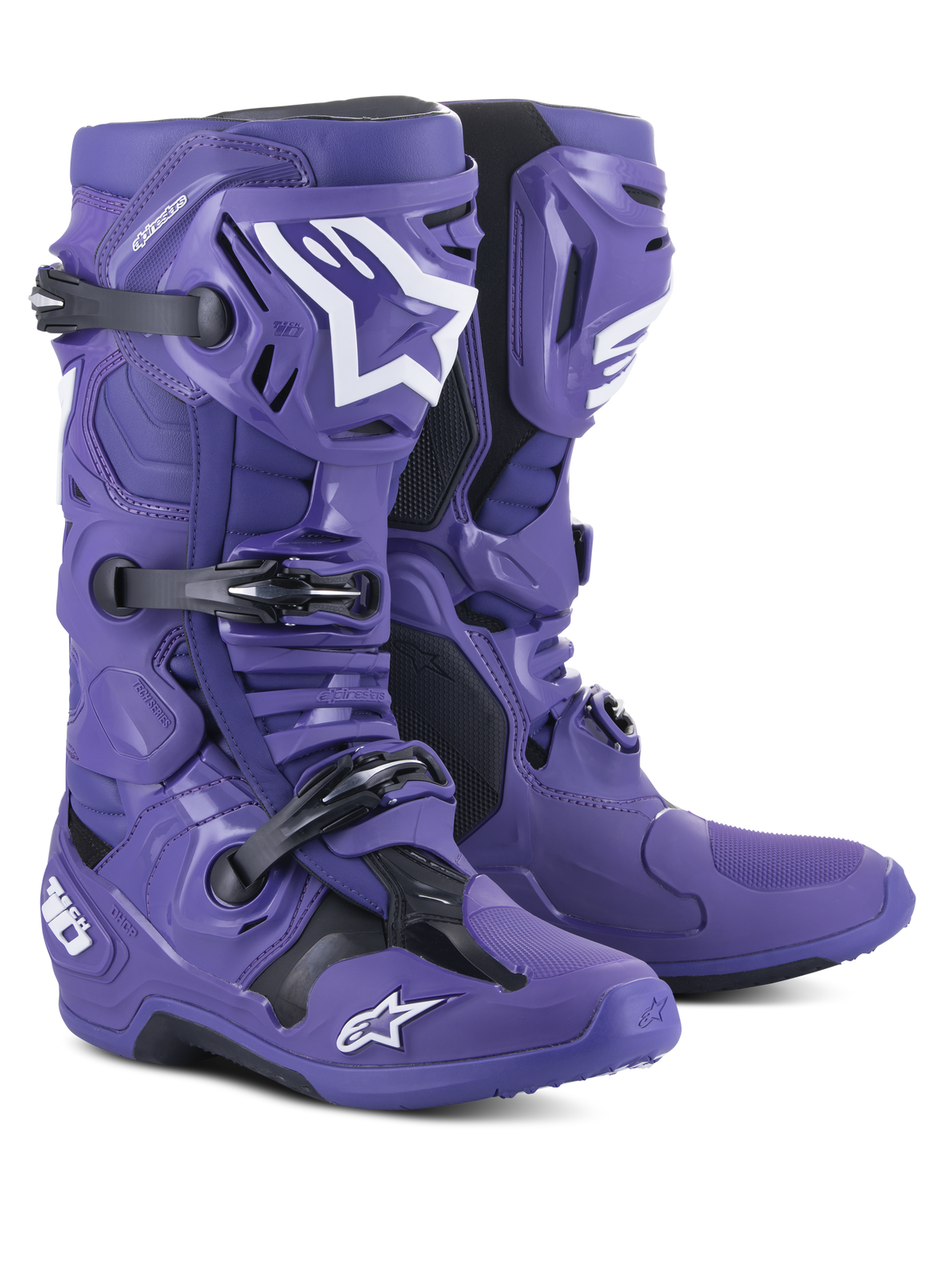 Bottes de motocross Alpinestars Tech 10, violet ultraviolet avec des accents noirs et blancs, dotées d'un système de fermeture à trois boucles, d'une coque de protection en TPU et de logos Alpinestars, chaussures de course tout-terrain haute performance