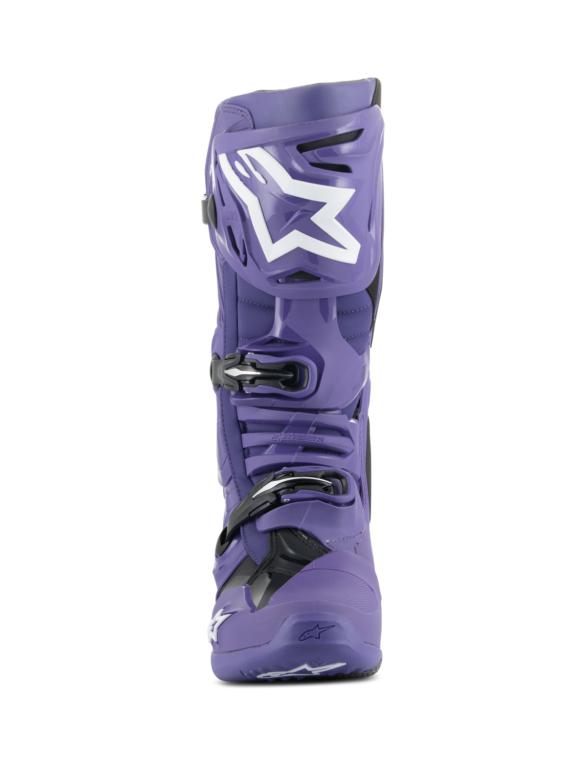 Alpinestars Tech 10 Boots, bottes de motocross, violet ultraviolet et noir, vue de face, arborant le logo Alpinestars blanc sur le tibia, système de fermeture à trois boucles, coque en TPU durable pour la course tout-terrain