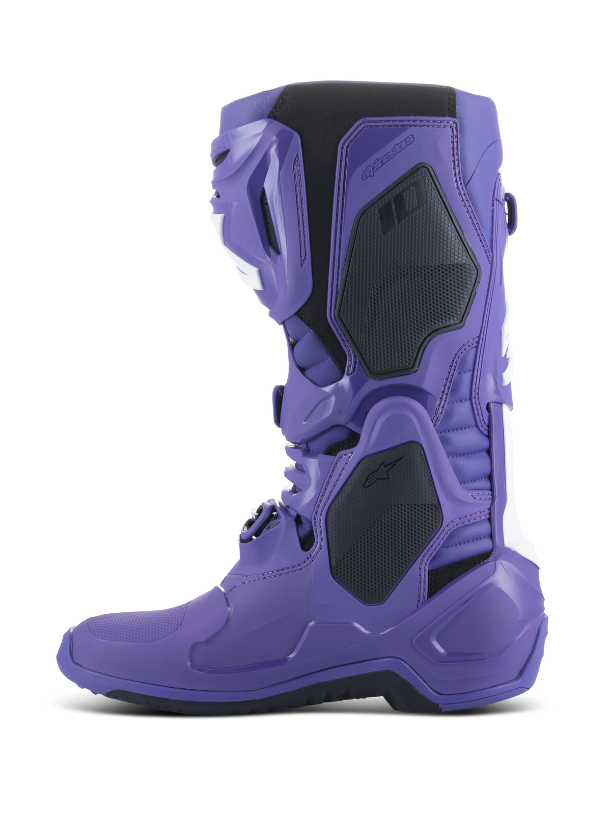Bottes Alpinestars Tech 10, bottes de motocross, Ultraviolet Noir, vue de profil, dotées d'une coque en TPU violet éclatant avec des accents noirs et blancs, système de fermeture à boucles perfectionné et panneaux de protection renforcés pour la performance tout-terrain.