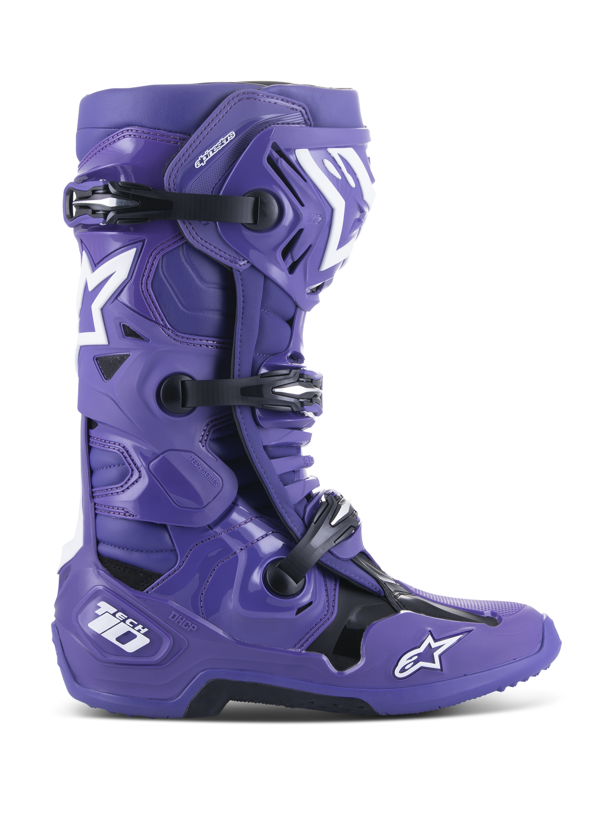 Bottes Alpinestars Tech 10, bottes de motocross tout-terrain, violet ultraviolet avec des accents noirs et blancs, fermeture à trois boucles, logos étoile blancs, marquage Tech 10 sur le talon, semelle robuste, chaussures de protection haute performance