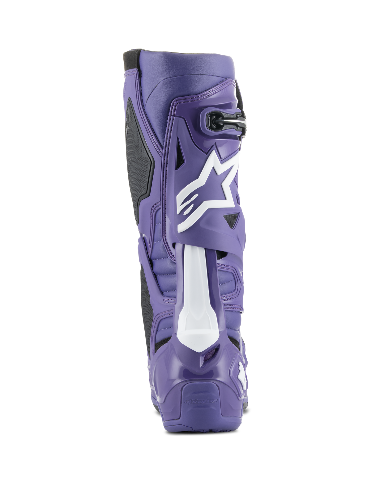Botte de motocross Alpinestars Tech 10, Ultraviolet et Noir, vue arrière montrant la coque en TPU haute densité, logo Astars blanc sur le mollet et talon renforcé pour la course tout-terrain