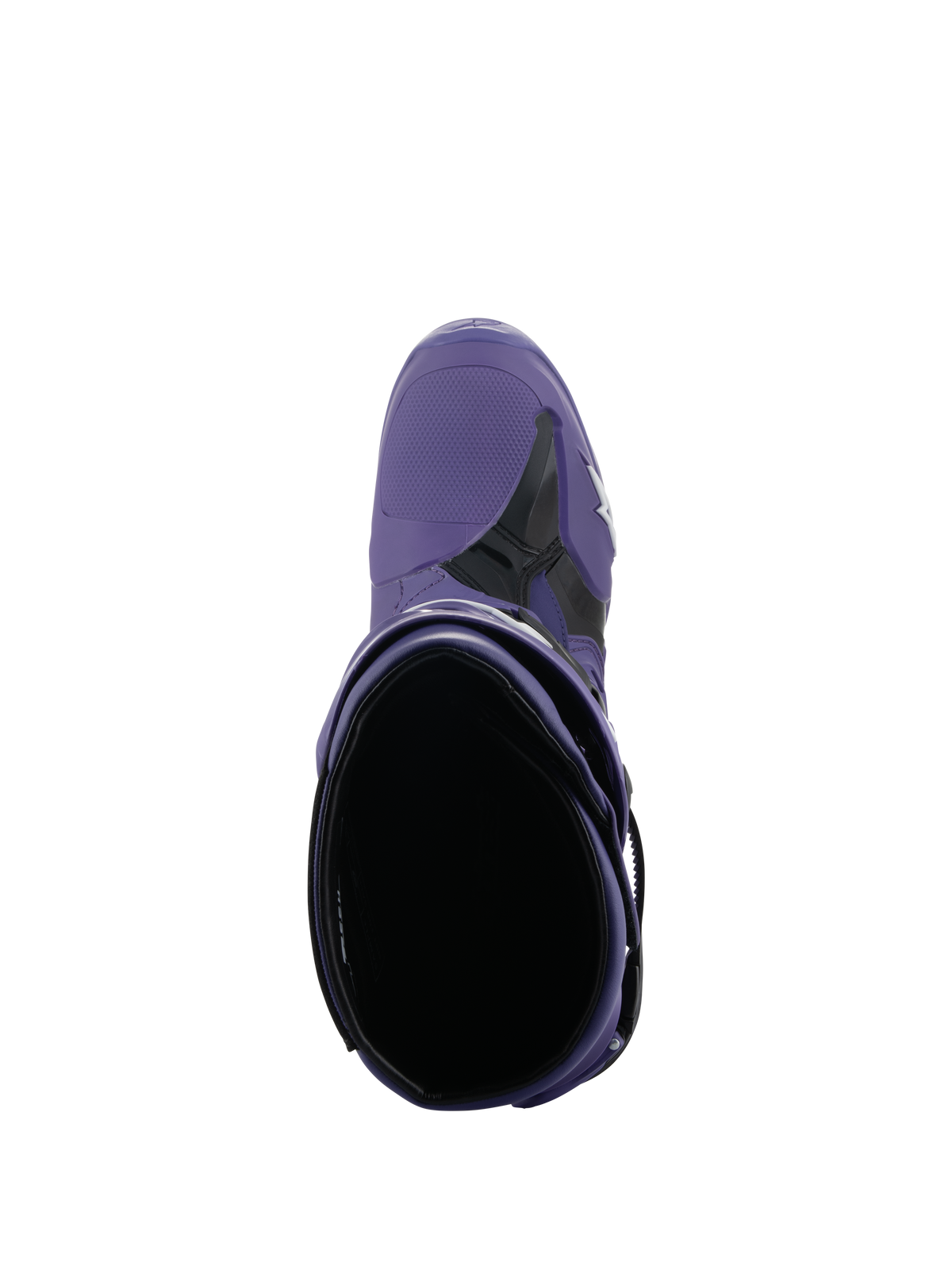 Bottes Alpinestars Tech 10, bottes de motocross, Ultraviolet Noir, vue de dessus de l'ouverture intérieure, construction en microfibre violette et TPU noir avec logo blanc, équipement de course tout-terrain professionnel