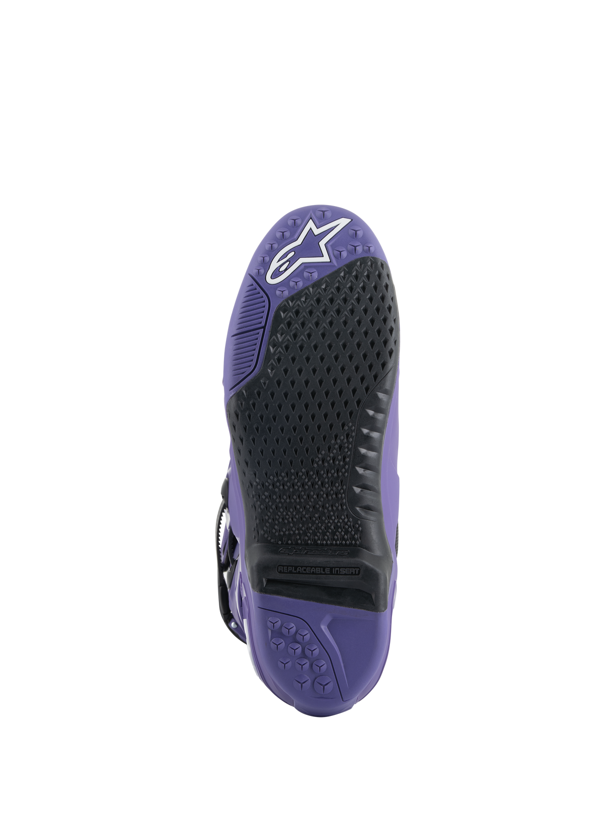 Bottes Alpinestars Tech 10, bottes de motocross, Ultraviolet Black, vue de la semelle avec insert antidérapant noir remplaçable, semelle extérieure violette à motifs texturés et logo étoile blanc sur la pointe