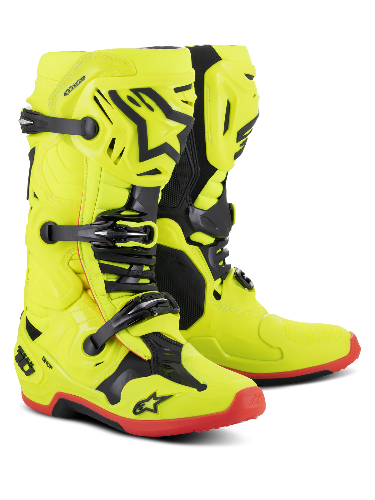 Alpinestars Tech 10 Boots, Motocross Boots, Yellow Fluo with Black and Red Fluo accents, triple buckle system, TPU shell with Alpinestars star logo, red soles, professional off-road racing gear