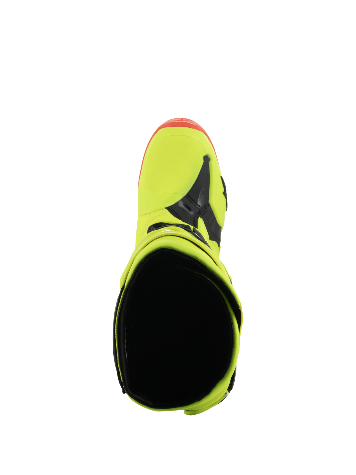 Alpinestars Tech 10 Boots, Motocross Boots, Yellow Fluo Black and Red Fluo, Top-down view showing the interior opening and toe box, vibrant neon colors with black accents, professional off-road racing footwear.