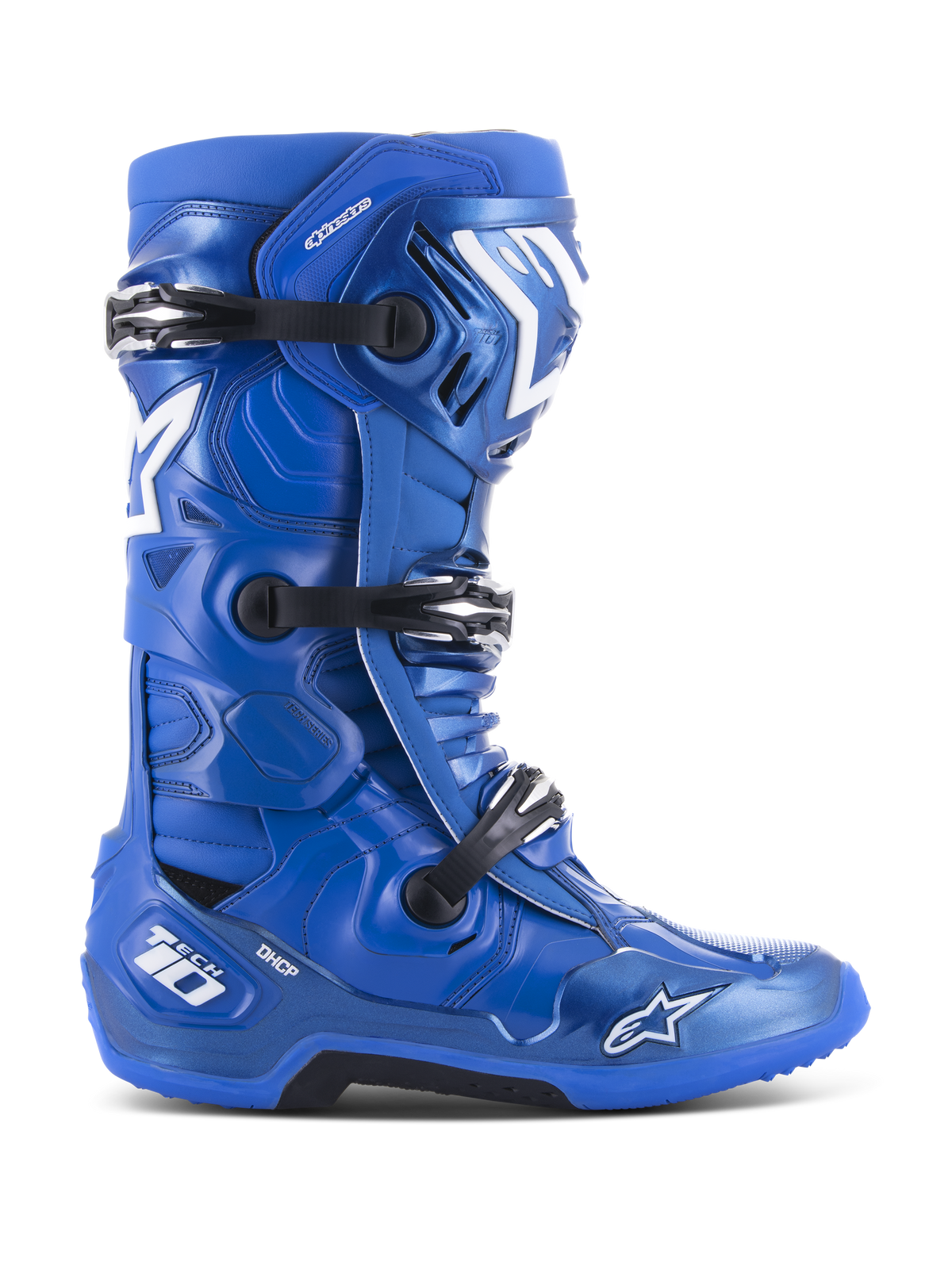 Bottes de motocross Alpinestars Tech 10, bleu avec des accents blancs et noirs, profil latéral, système de fermeture à trois boucles, protection du talon DHCP, logo étoile et marquage Tech 10, semelle robuste à haute adhérence, équipement de course tout-terrain professionnel