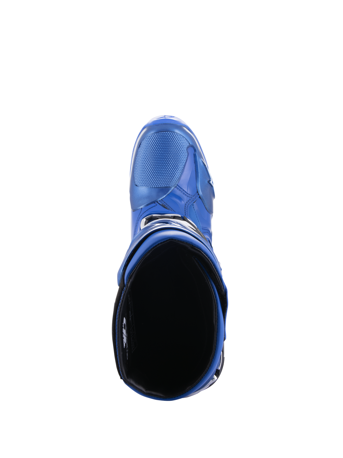 Bottes Alpinestars Tech 10, bottes de motocross, bleu et noir, vue de dessus de la doublure intérieure et de l'ouverture du mollet, montrant le design profilé et la coque de protection en TPU