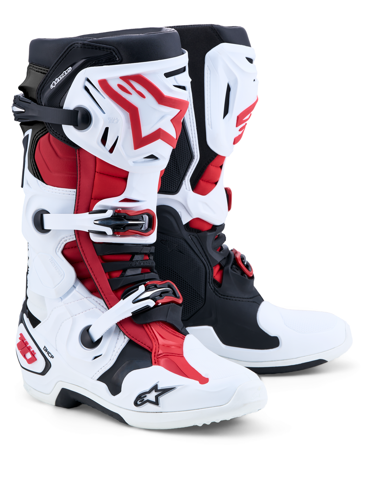 Bottes Alpinestars Tech 10, bottes de motocross, blanc, noir et rouge vif, vue de la paire mettant en valeur les plaques de protection en TPU, le système de fermeture à boucles et le support de talon DHCP.