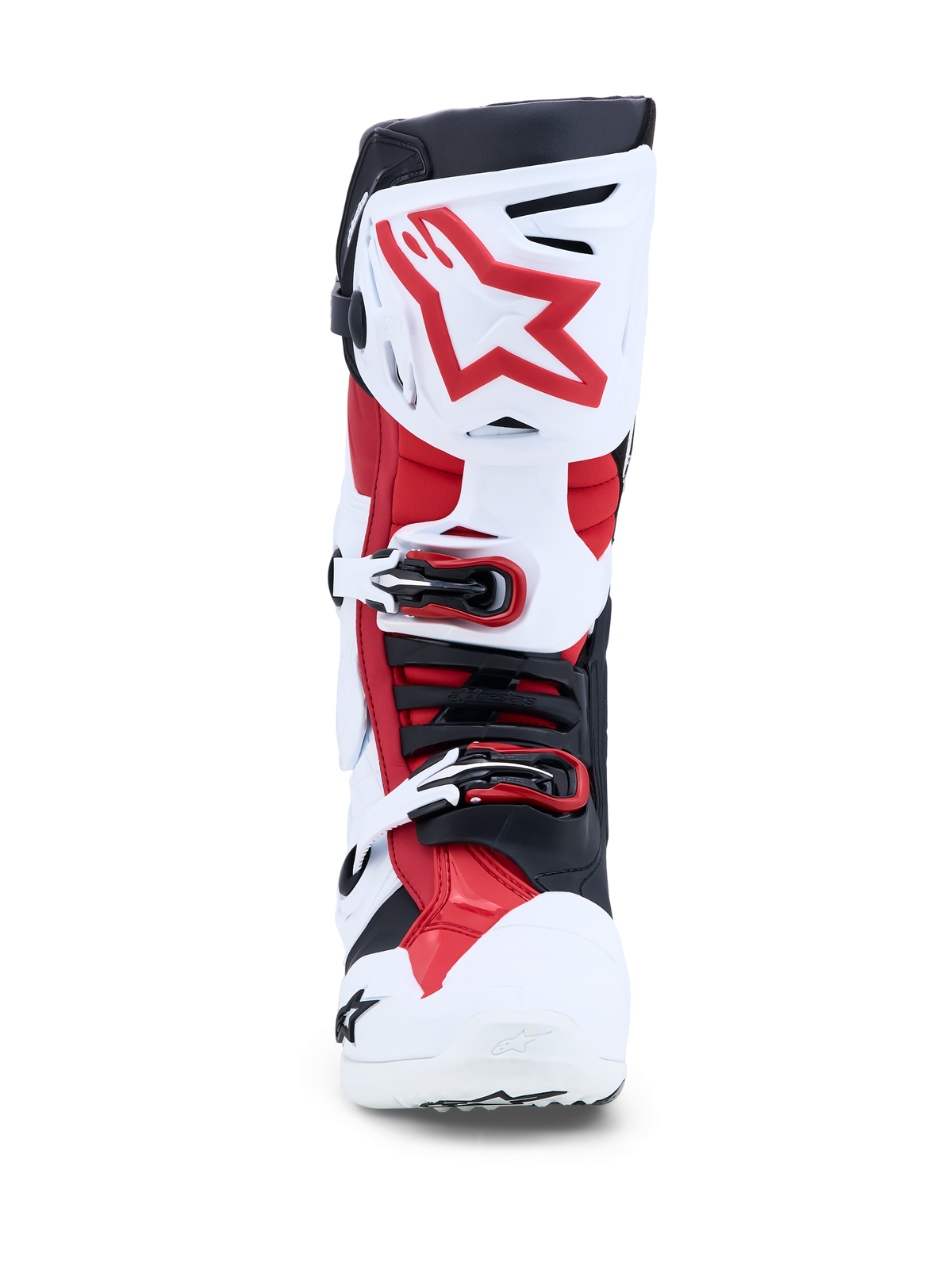 Alpinestars Tech-10 Men's Motocross Boots, White and Bright Red, featuring advanced ankle brace and CE certification.