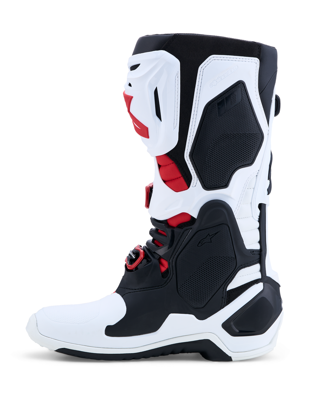 Alpinestars Tech-10 Motocross Boots, White and Black with Red, CE-certified TPU shell for professional off-road racing.