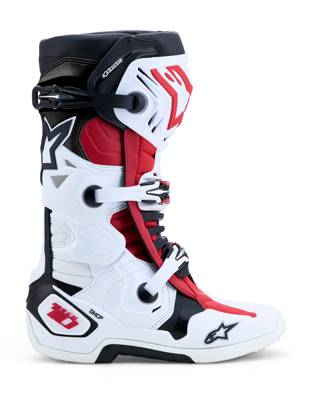 Bottes Alpinestars Tech 10, bottes de motocross et tout-terrain en blanc, noir et rouge vif, vue latérale avec coque en TPU résistante, système de fermeture à boucles et Protecteur de Compression Dynamique du Talon (DHCP).
