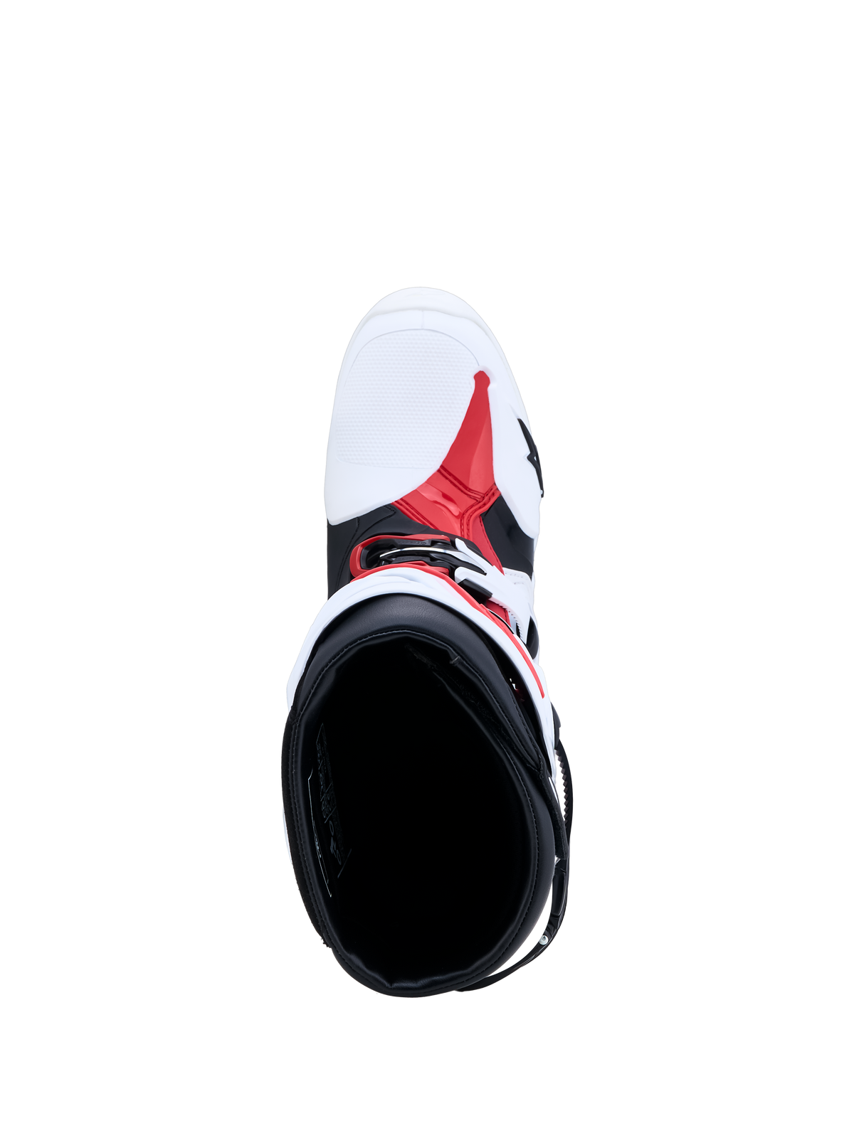 Alpinestars Tech-10 Boots in white, black, and red, top-down view showing the motocross boot's interior and TPU chassis.