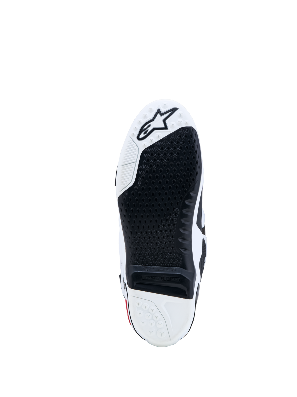 Alpinestars Tech-10 Boots, Motocross sole in Black and White featuring a replaceable grip insert and star logo.