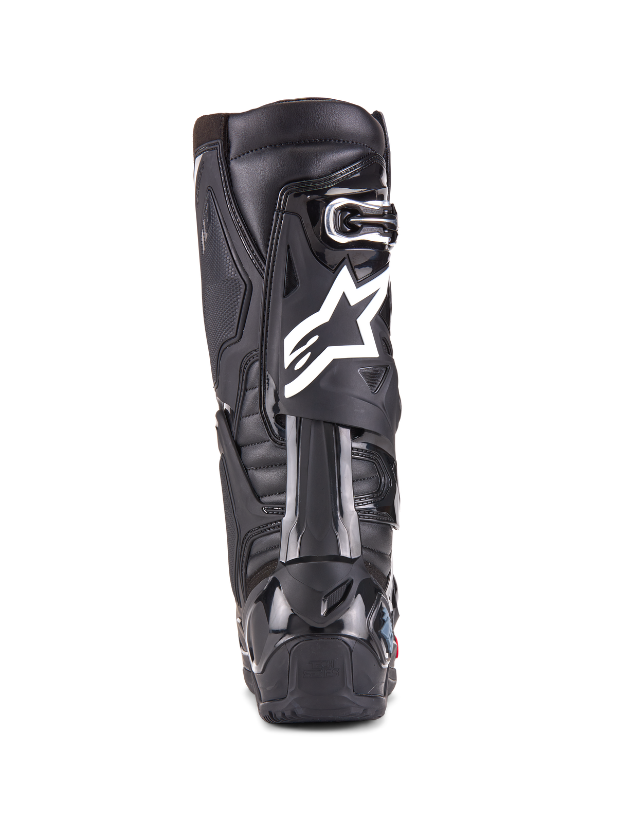 Bottes Alpinestars Tech 10 Enduro, noir, vue arrière d'une botte montrant le logo Alpinestars blanc, protection de talon en TPU durable et semelle enduro robuste pour la course tout-terrain