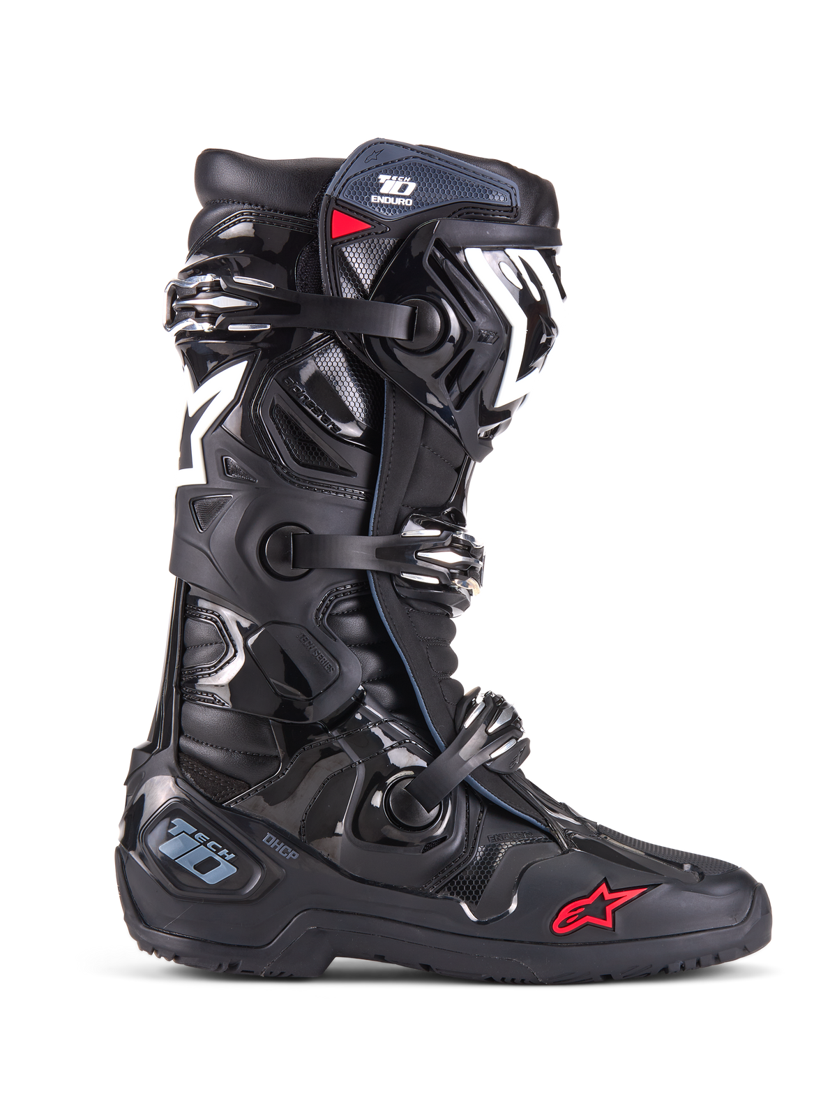Alpinestars Bottes Tech 10 Enduro, bottes de motocross tout-terrain, noires avec accents blancs et rouges, système de fermeture à triple boucle, protège-tibia et plaque de talon en TPU, semelle Enduro robuste, logo étoile emblématique, protection de course haut de gamme