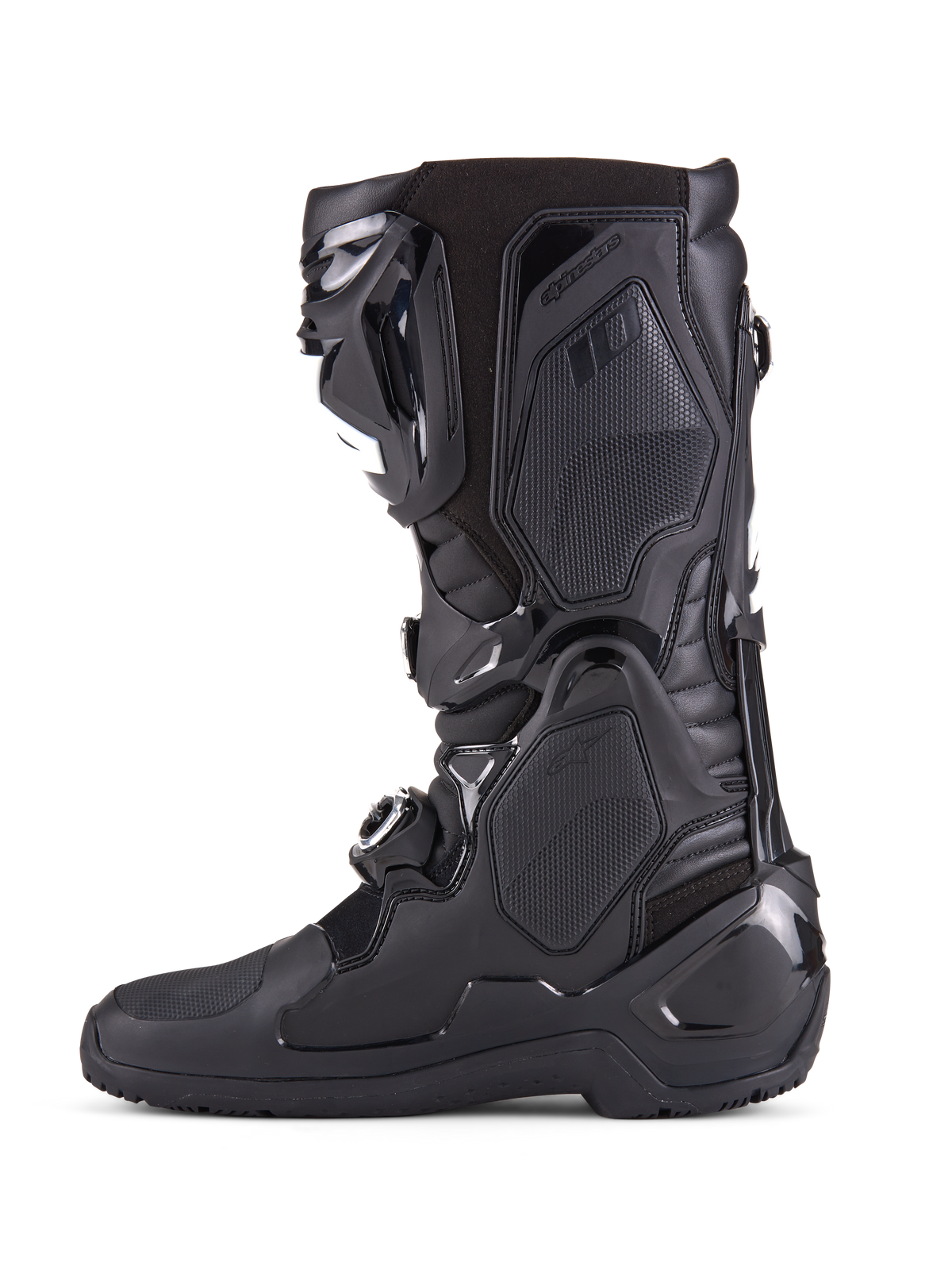 Bottes Alpinestars Tech 10 Enduro, noir, vue de profil de botte de motocross haute performance, avec panneaux de protection en TPU durable, système de fermeture à trois boucles et contrôle de flexion avancé pour la course tout-terrain